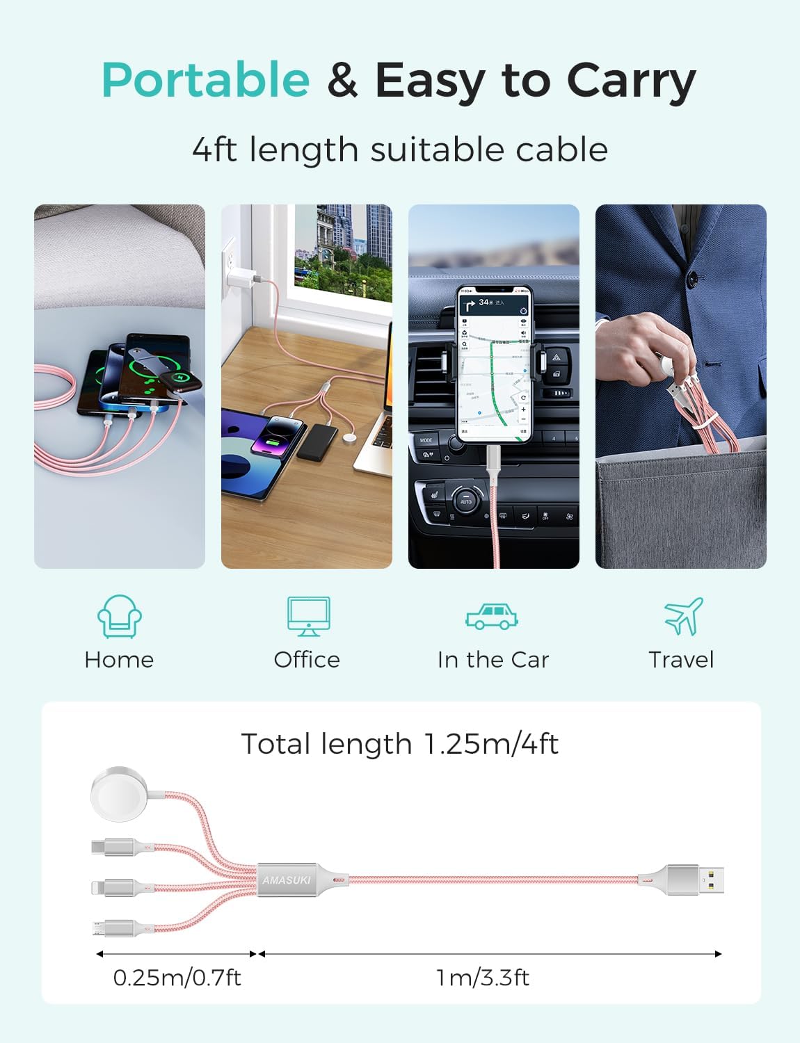 2Pack Travel Essentials Multi Charging Cable for Watch Charger 4 in 1 Fast Charger Camping Essentials USB C/L/Micro Compatible with Watch Series 10-1/SE/Ultra Phone 16 15/Galaxy Android-4FT/Pink