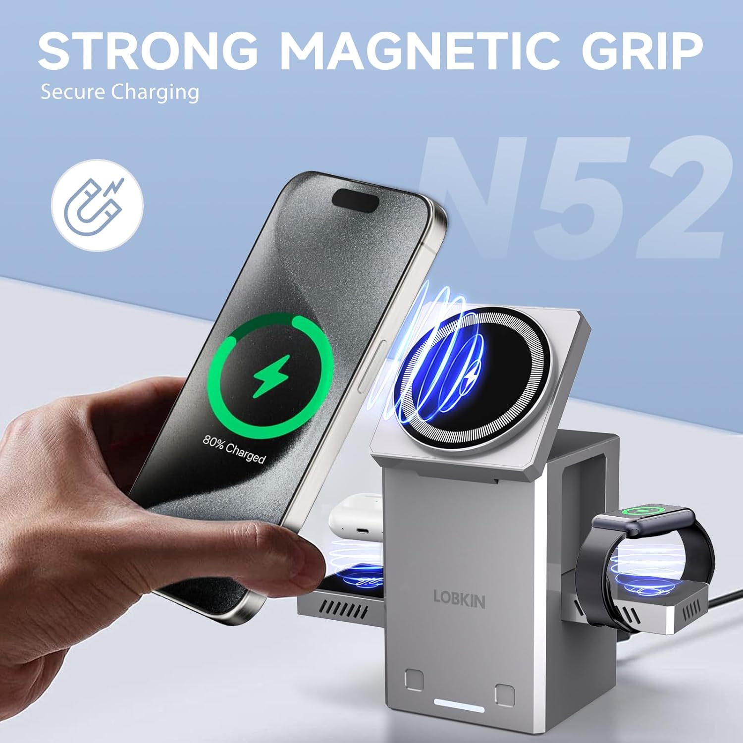 LOBKIN 3 in 1 Charging Station, Qi2 15W Foldable Intelligent Fast Wireless Charging Station,MagSafe Charger Stand for iPhone 16/15/14/13, Airpods, Apple Watch