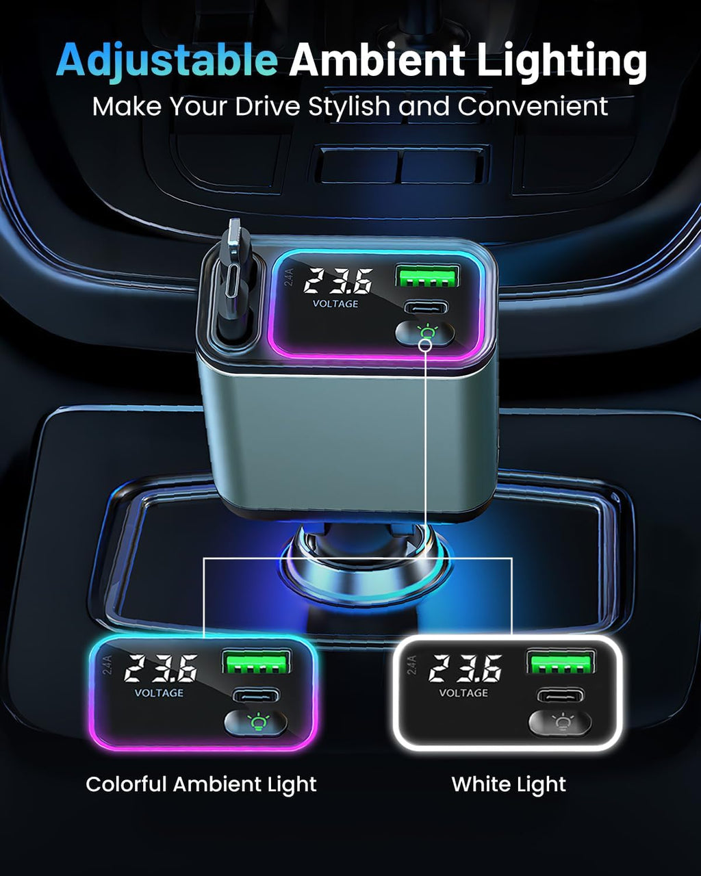 4 in 1 Retractable Car Charger with RGB Light, 92W Fast Charging USB C Car Adapter, Compact Car Phone Charger for iPhone/Galaxy/Pixel, Car Accessories for Women Men (Lightning + Type C Cable)