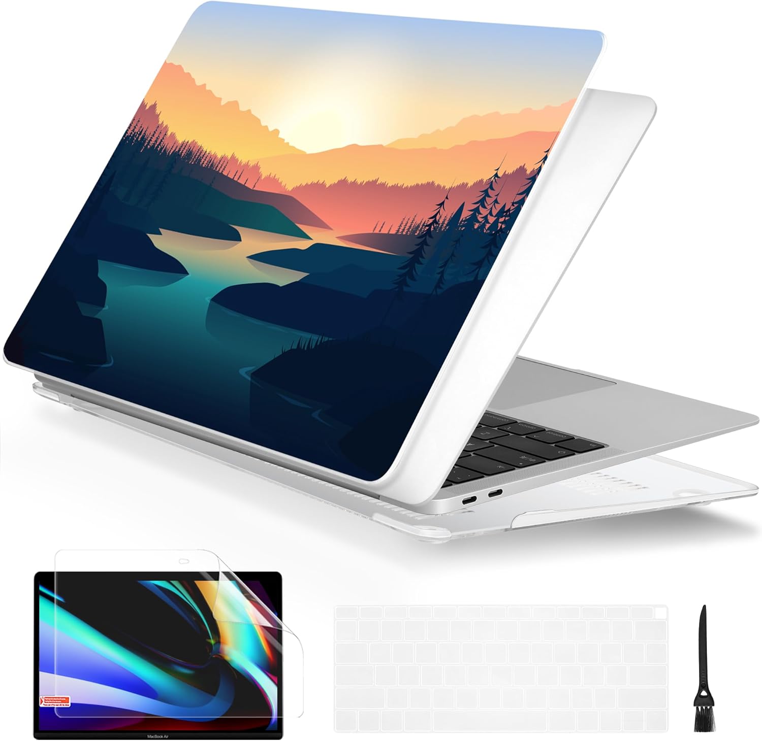Batianda Design Case for M1 MacBook Air 13 Inch Model A2337 M1 A2179 A1932 2021 2020 2019 Release,3D Painted Landscape Series Hard Shell with Keyboard Cover & Screen Protector, Dawn