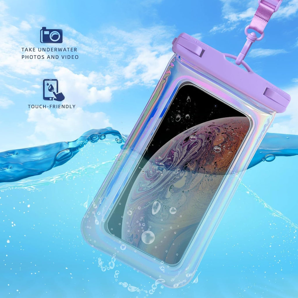 Floatable Waterproof Phone Pouch Case for iPhone 16 Pro Max/15/14/13/12, IP68 Travel Cellphone Dry Bag Beach Cruise Ship Essentials Bags with Crossbody Lanyard, Iridescent Purple-7″