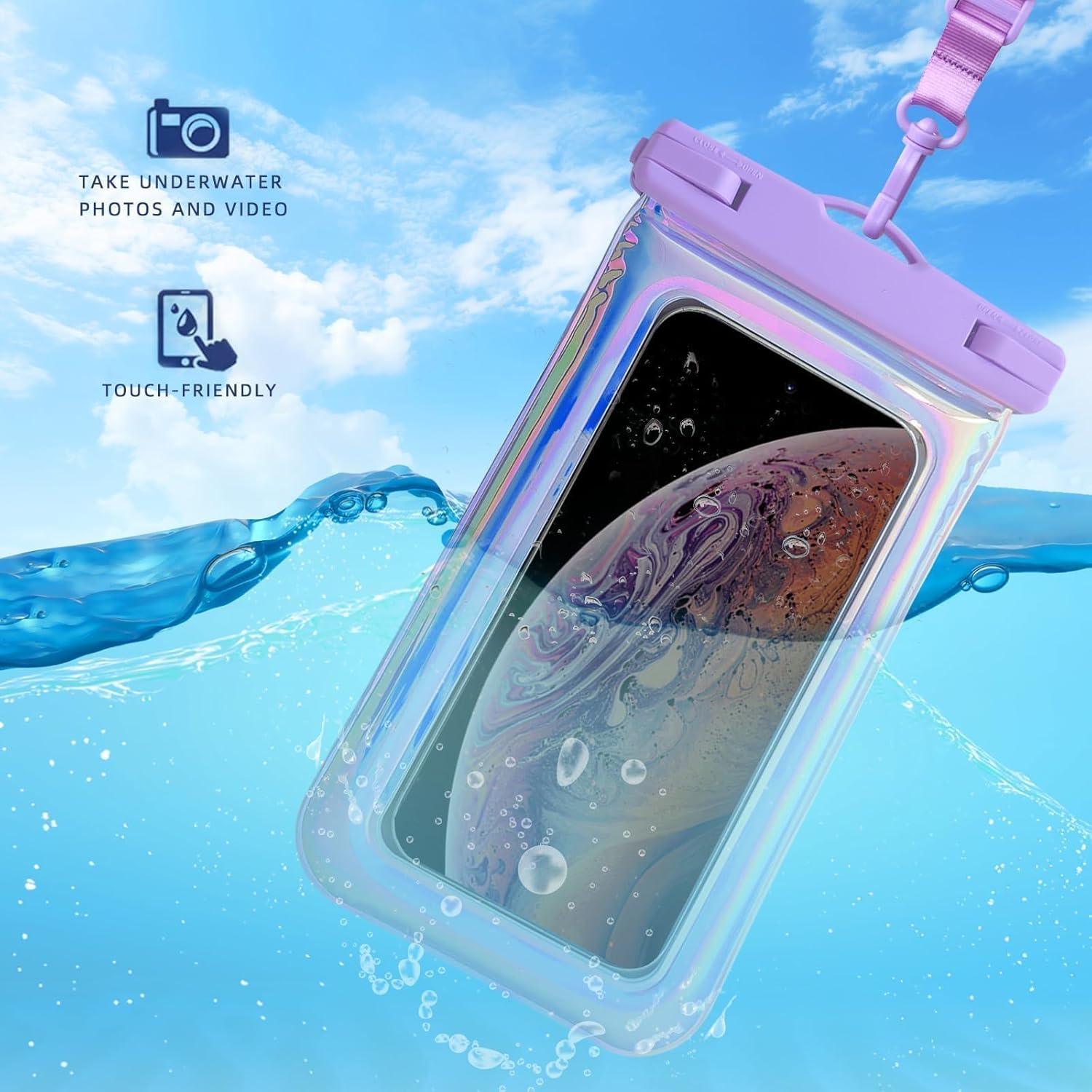 Floatable Waterproof Phone Pouch Case for iPhone 16 Pro Max/15/14/13/12, IP68 Travel Cellphone Dry Bag Beach Cruise Ship Essentials Bags with Crossbody Lanyard, Iridescent Purple-7″