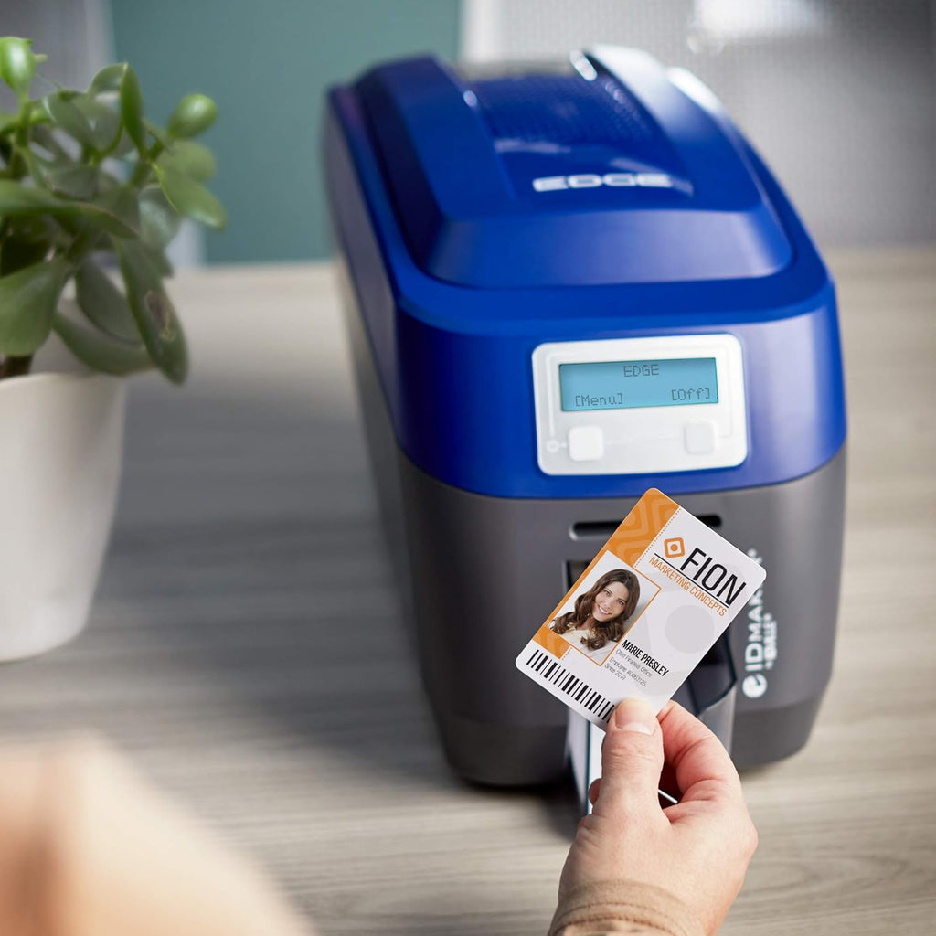 ID Maker Edge 2 Sided Card Printer & Supply Kit for Badge Printing - Print Professional Quality Identification Cards, Easy Software - Magnetic Stripe Encoder, 200-Print Color, 100 PVC Cards