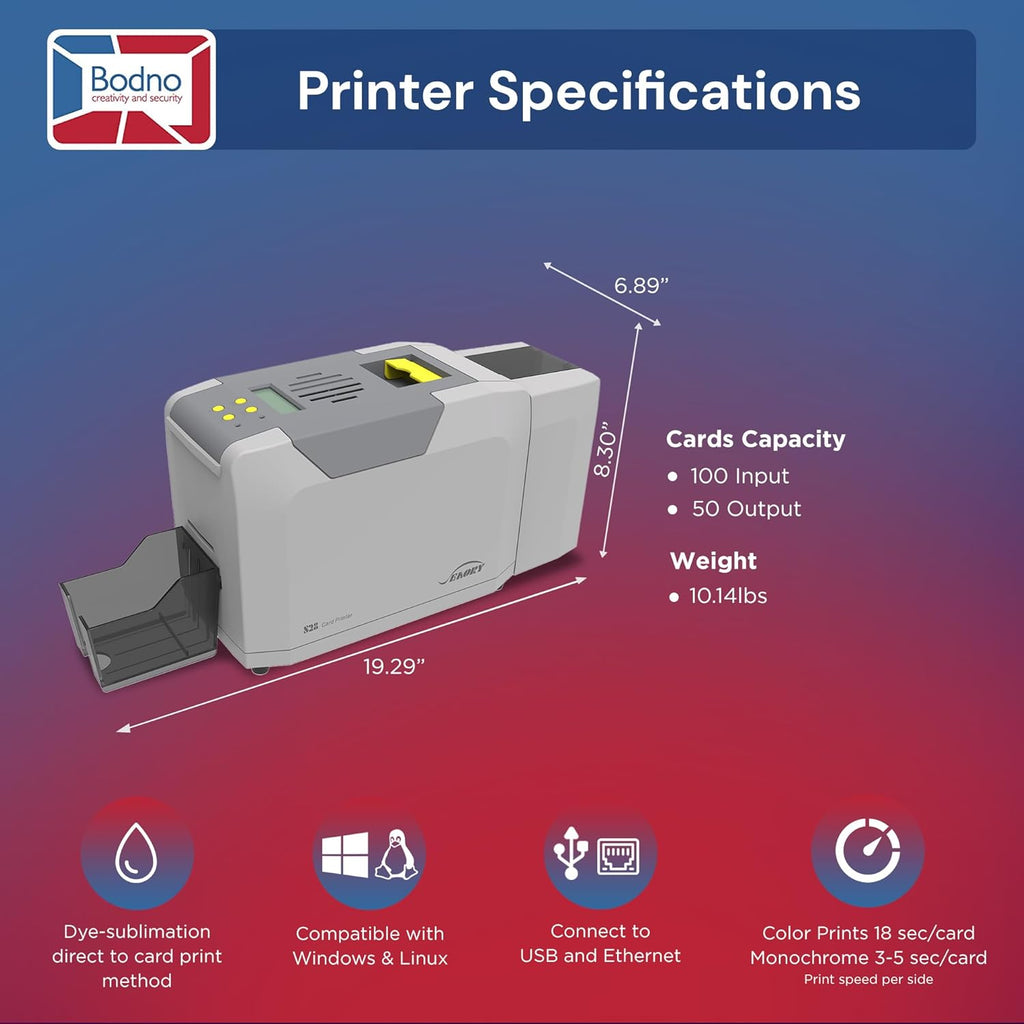 Bodno Seaory S28 Dual Sided ID Card Printer & Complete Supplies Package ID Software and Camera - Silver Edition