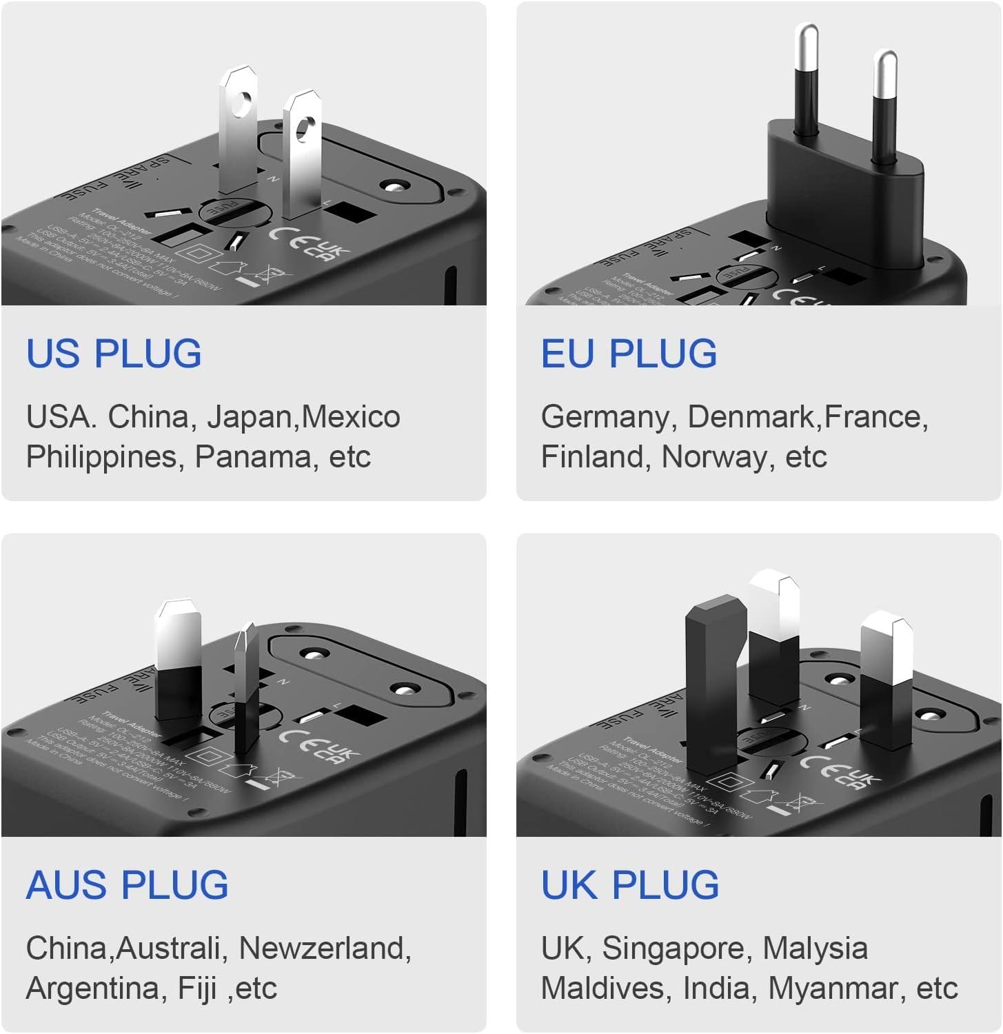 Universal Travel Adapter, 5 in 1 International Travel Plug Adapter with 2 USB A and 2 USB C, Worldwide Travel Plug Adaptor UK to European Power Socket Charger for EU USA UK AUS Asia