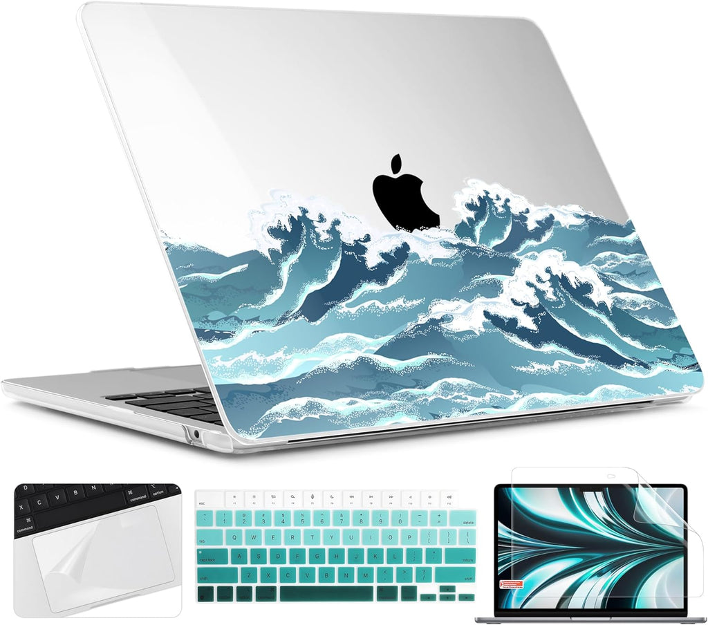 TWOLSKOO for M4 MacBook Air 13.6 inch Case 2025-2022 Release M4 A3240 M3 A3113 M2 A2681, Plastic Hard Shell & Screen Protector & Keyboard Cover & Trackpad Film, Ocean