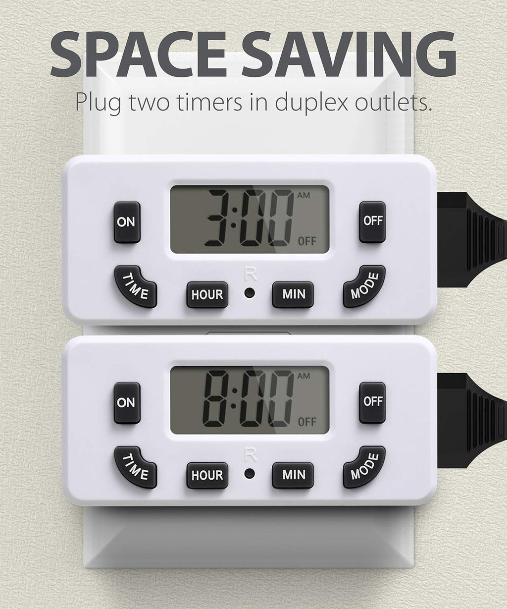 Fosmon 24 Hour Programmable Digital Timer Outlet (2 Pack), ON/Off Program, LCD Display, Mini Indoor Single Plug-in, 125V 15A for Seasonal Light, Lamp, Heater, Portable Fan, Aquarium