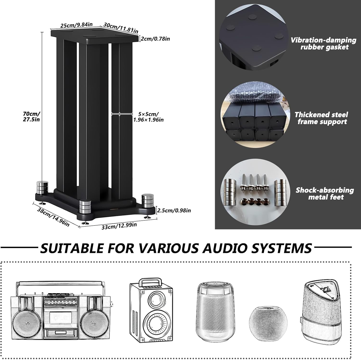 A Pair of Speaker Stands, Bookshelf Speaker Stand Steel Frame Support for Speakers up to 40 kg, Vibration-Absorbing MDF Design, Universal Speaker Stand Improves Sound Quality (60cm/23.6in)