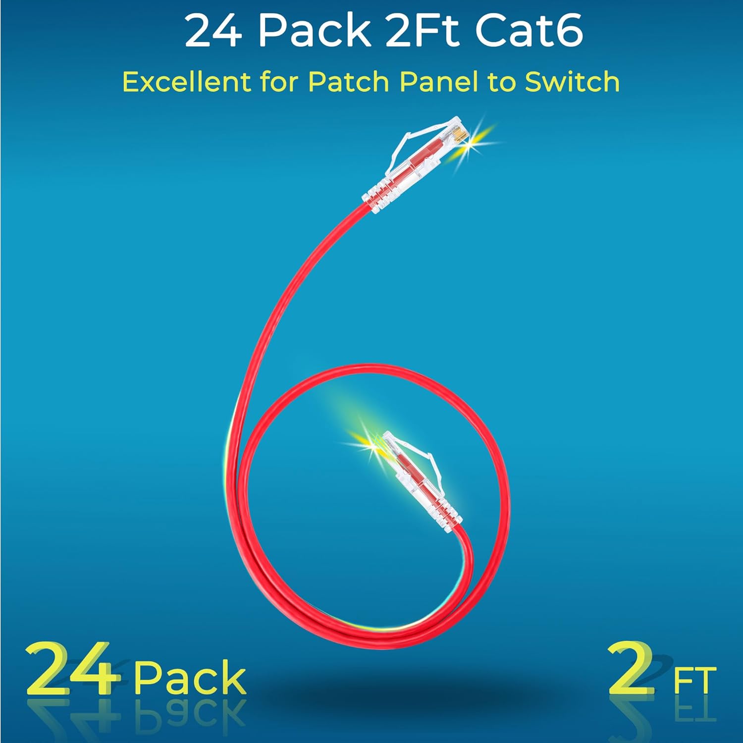Rapink Patch Cables Cat6/ Cat6a 2ft (24 Pack) Slim, Cat6a Ethernet Patch Cable 10G Support, Snagless Cat 6 Patch Cable for Patch Panel to Switch, Flexiable Cat6 Ethernet Cable Red