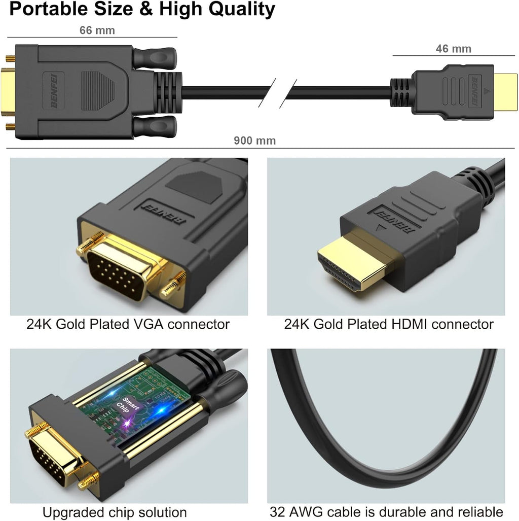BENFEI HDMI to VGA 3 Feet Cable, Uni-Directional HDMI (Source) to VGA (Display) Cable (Male to Male) Compatible for Computer, Desktop, Laptop, PC, Monitor, Projector, HDTV, Raspberry Pi, Roku, Xbox