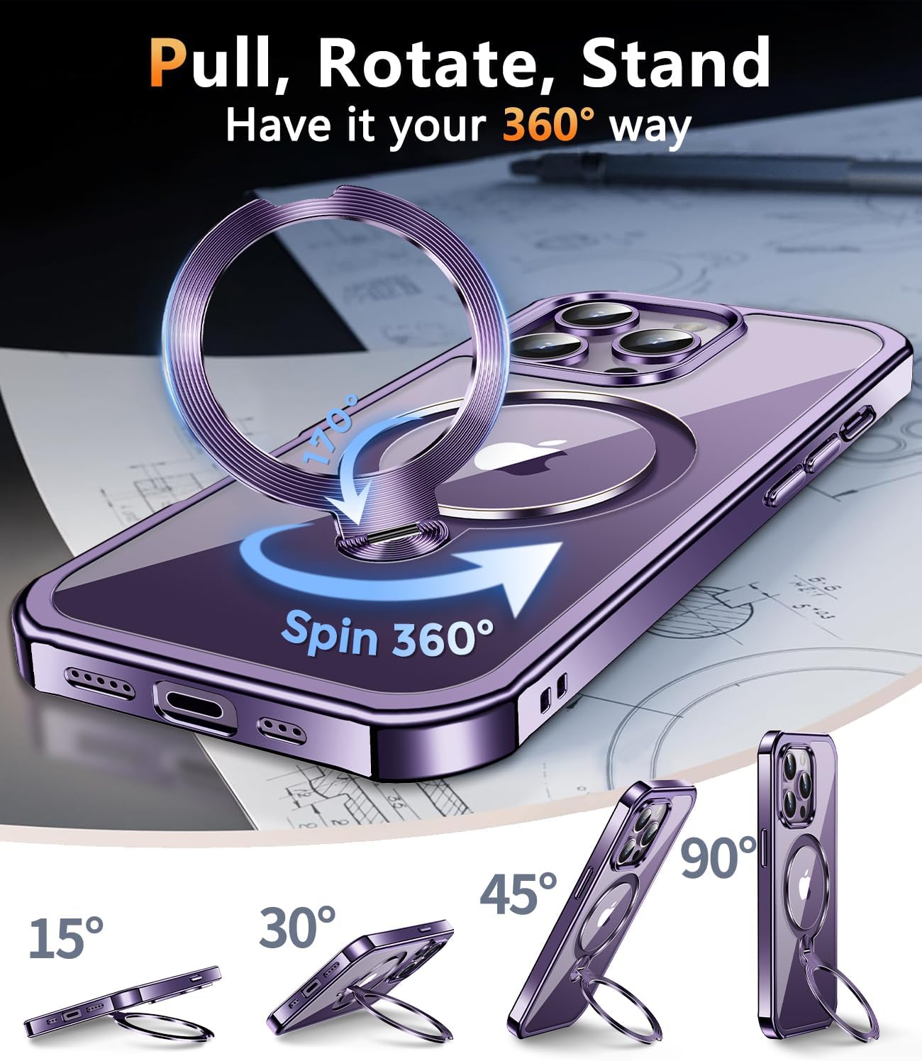 [360° Rotatable CD Stand & Built-in Privacy Screen Magnetic Case for iPhone 14 Pro [Compatible with MagSafe & Full Signal] Mil-Grade Shockproof Full Body Anti-Spy Cover for 14 Pro-Purple