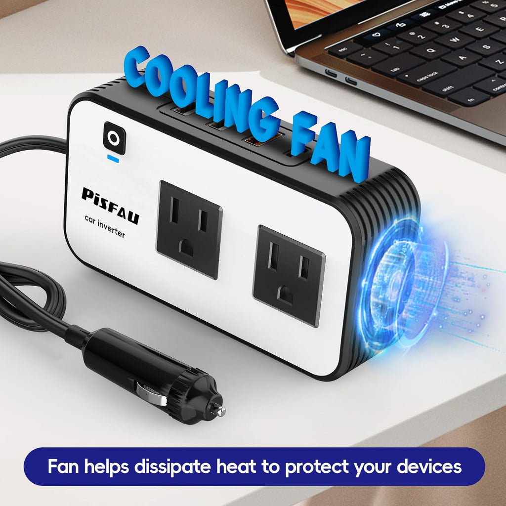 200W Car Power Inverter, PiSFAU DC 12V to 110V AC Car Plug Adapter Outlet with [20W USB-C] /USB-Fast Charger(18W) / 4.8A Dual USB/car Charger for Laptop