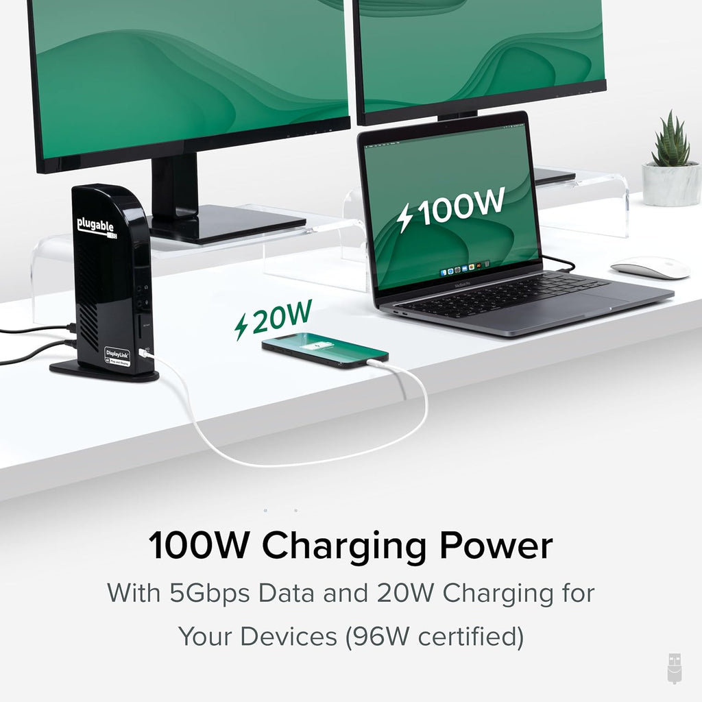 Plugable USB-C Triple Monitor Docking Station: 13-in-1 Laptop Dock with 100W Charging for Mac (DisplayLink Driver Required), Windows, Chrome, 3 HDMI, Gigabit Ethernet, SD, USB-C 20W, 4 USB - UD-ULTCDL
