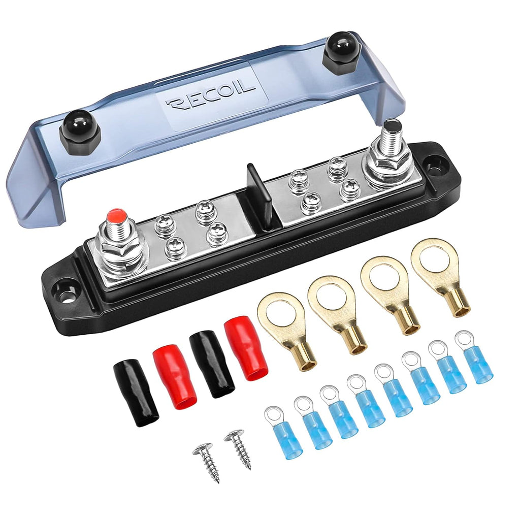 RECOIL BBPG5 Busbar Positive and Negative 2 x 5/16” Studs and 8 x #8 Screw Terminals Power Distribution Block with Ring Terminals