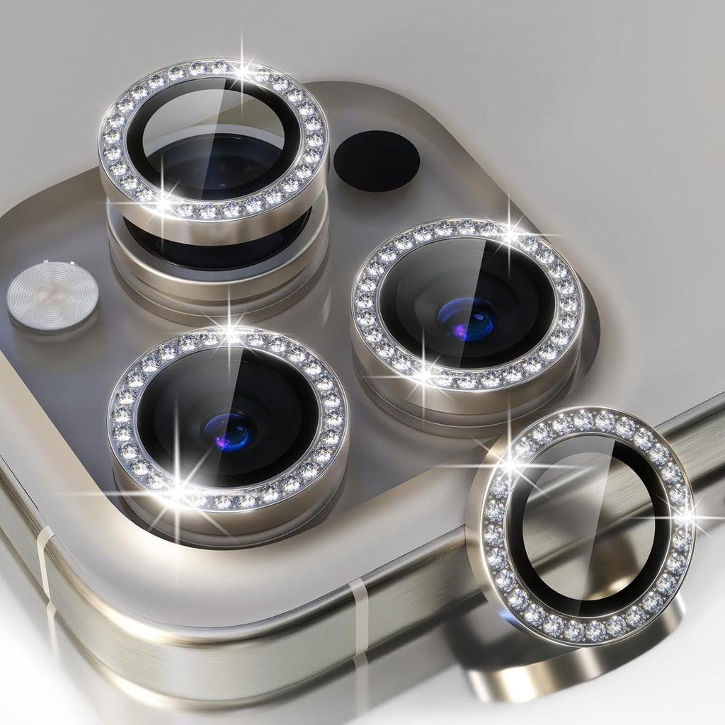 Choiche Compatible for iPhone 15 Pro/iPhone 15 Pro Max Camera Lens Protector Bling, 9H Tempered Glass Camera Cover Screen Protector Metal Ring Decoration Accessories (Diamond-Titanium Gray)