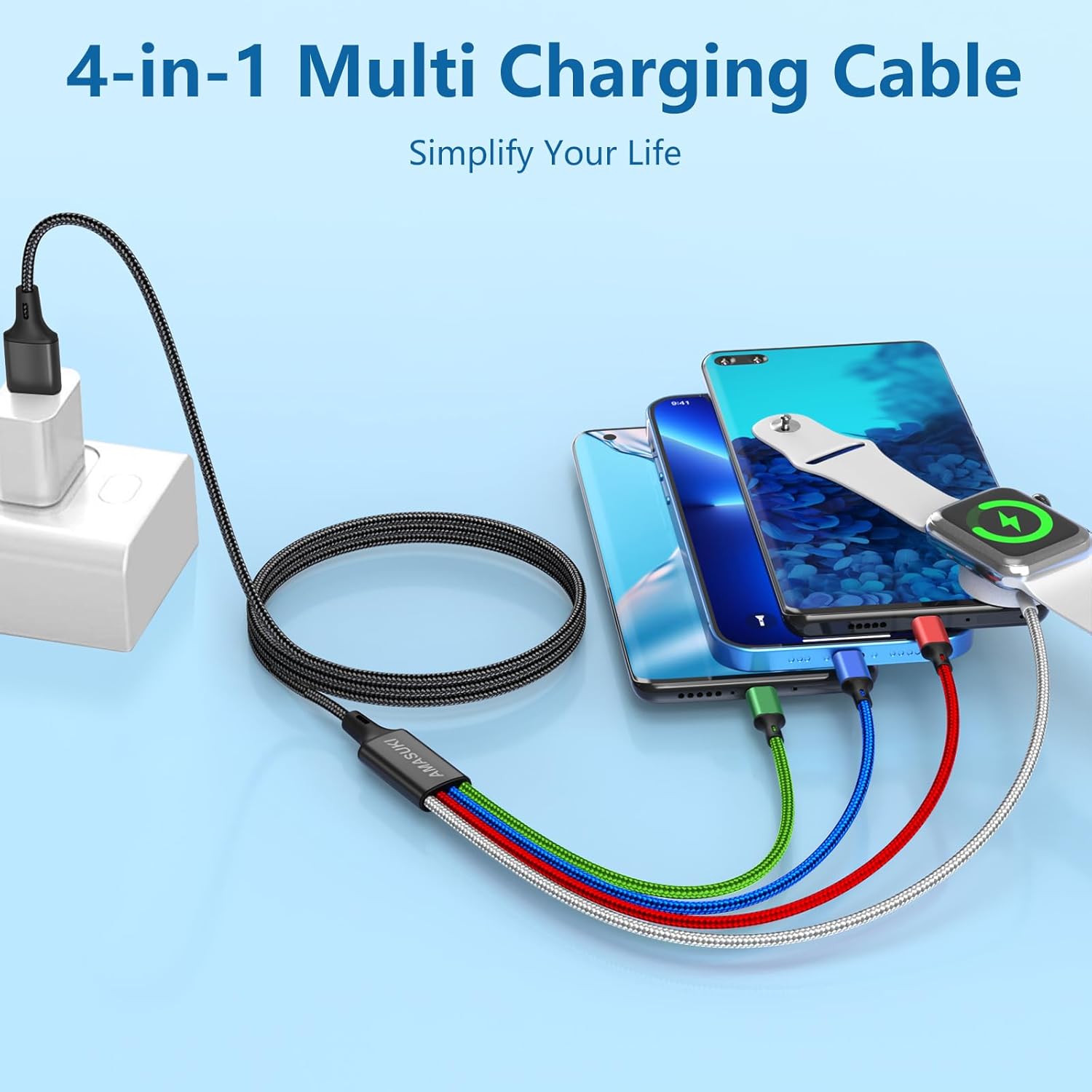 2Pack Multi Charging Cable for Apple Watch Charger 4 in 1 Travel Essentials Camping Essentials USB C/L/Micro Port Compatible with iWatch Series 10-1/iPhone 16/15/Galaxy Android-4FT