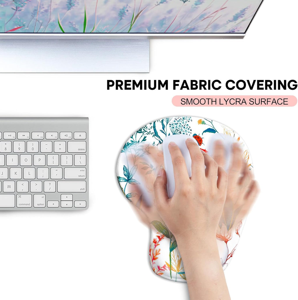 JIKIOU Mouse Pad, 2 Pack Ergonomic Mouse Pads with Comfortable Gel Wrist Rest Support and Smooth Cloth, Non-Slip PU Base for Easy Typing Pain Relief Durable and Easy to Clean Small White Flowers