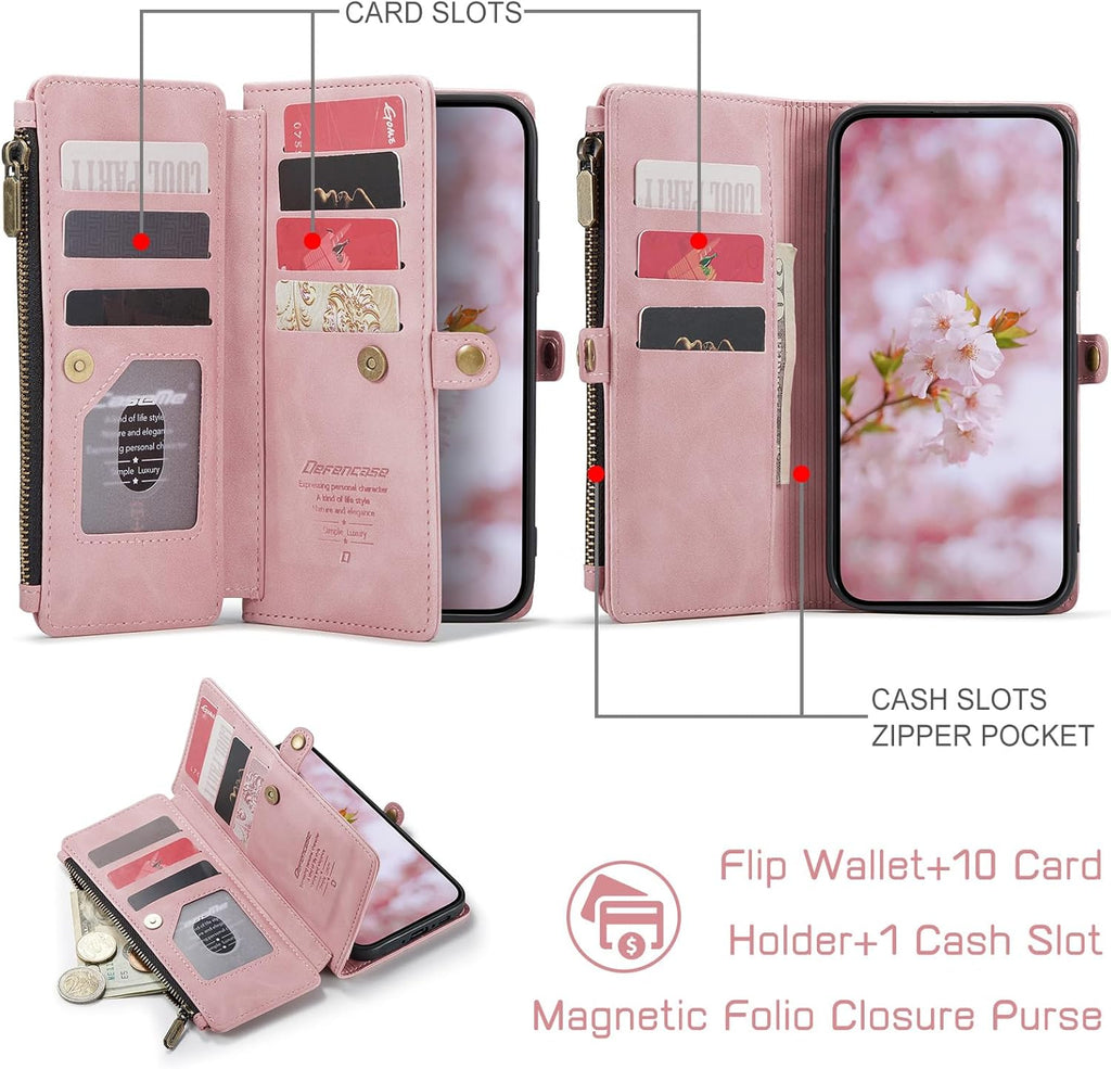 Defencase for Galaxy A26 5G Case Wallet with RFID Blocking Card Holder for Women Men, Fashion PU Leather Magnetic Snap Flip Zipper Wrist Strap Wallet Phone Case for Samsung Galaxy A26 5G, Rose Pink