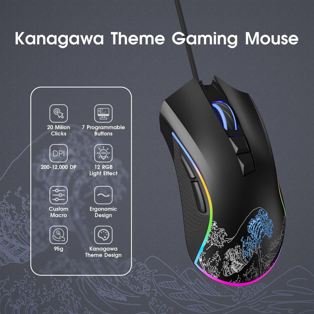 HITIME XVX Wired Gaming Mouse, 12000 DPI RGB Mouse with 12 Backlit Modes & 7 Macro Buttons, Gaming Mice Support DIY Keybinding, Gamer Computer Mice for Laptop PC Mac Windows, Wave