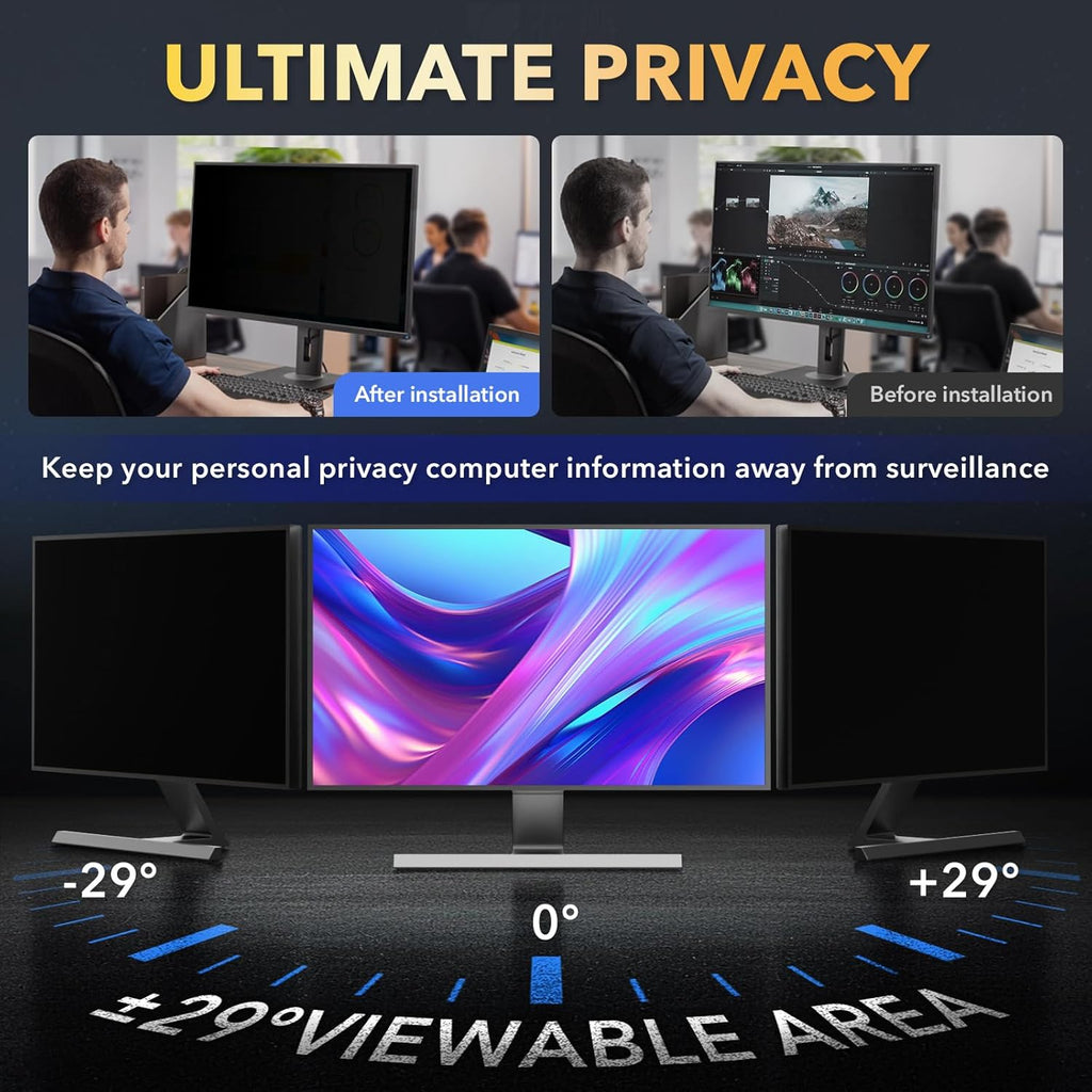 Magnetic Invisible Hidden Design Computer Privacy Screen Filter 24 Inch for Frameless Monitor 16:9 Aspect Ratio, Removable Anti Glare Blue Light Protector, Double Sided Reversible Eye Care 24in Film