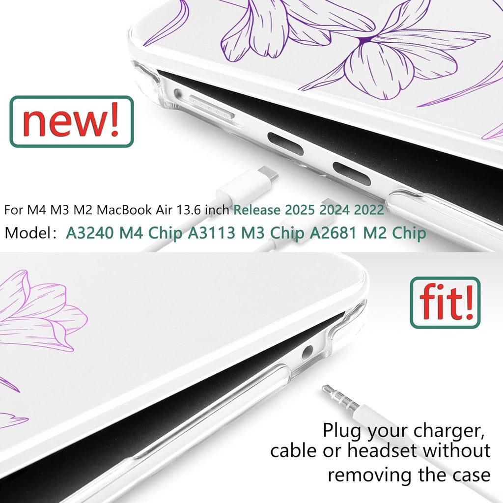 TWOLSKOO Compatible with M4 MacBook Air 13.6 inch Case 2025-2022 Release M4 A3240 M3 A3113 M2 A2681, Plastic Hard Shell & Keyboard Cover & Type C Adapter & Screen Protector, Engraved Floral2