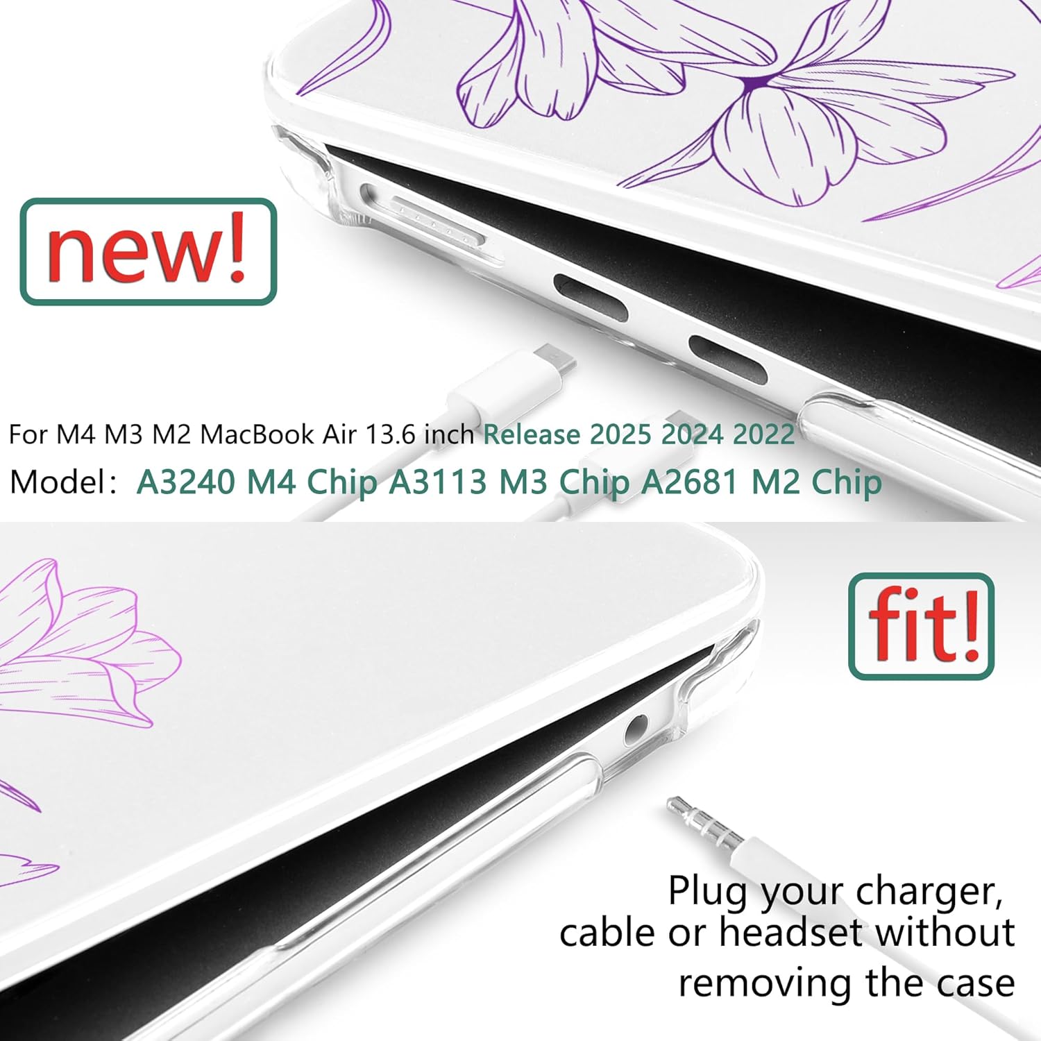 TWOLSKOO Compatible with M4 MacBook Air 13.6 inch Case 2025-2022 Release M4 A3240 M3 A3113 M2 A2681, Plastic Hard Shell & Keyboard Cover & Type C Adapter & Screen Protector, Engraved Floral2