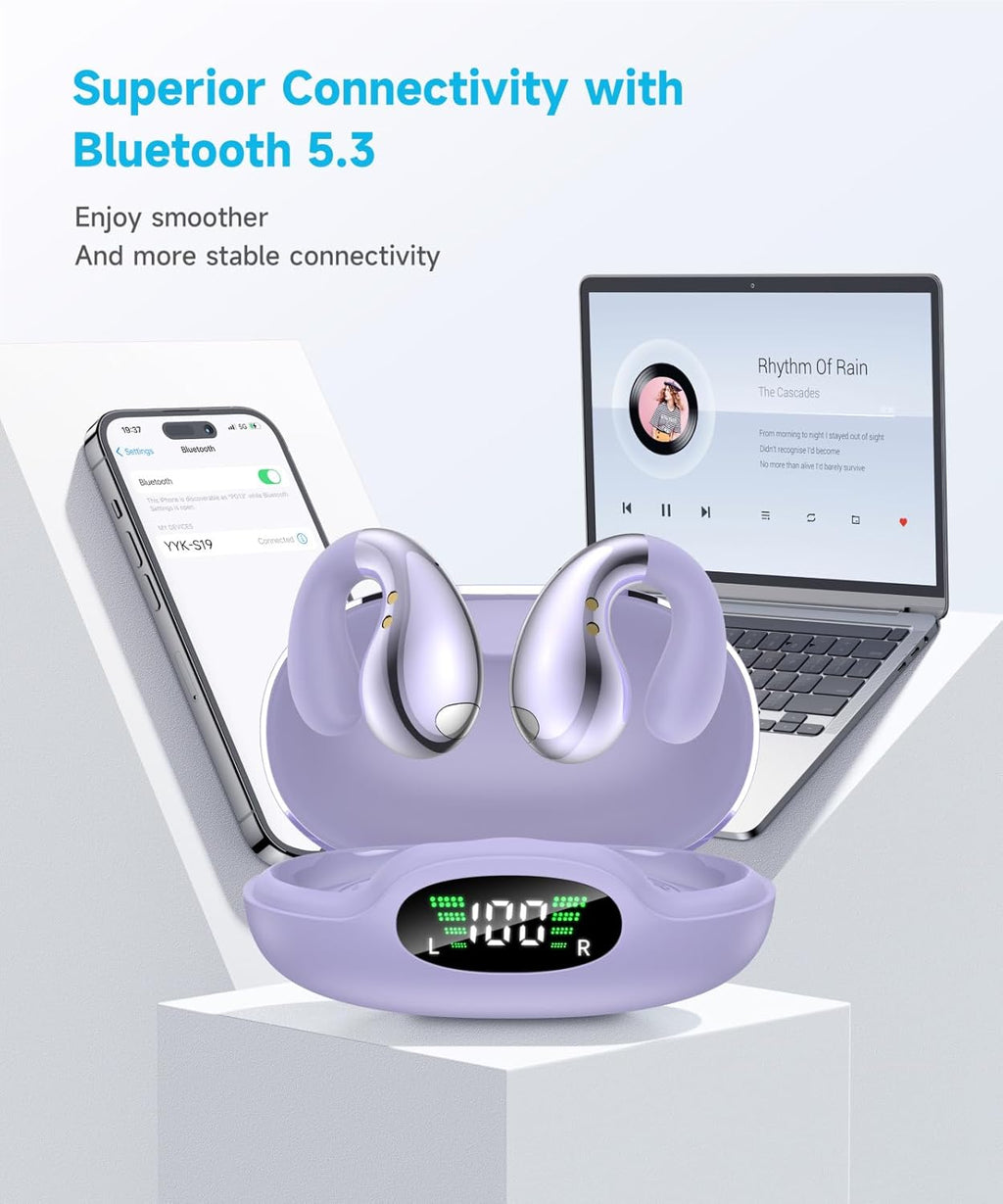 Ultra Open-Ear-Earbuds Wireless Bluetooth - Ergonomic Clip-On Earbuds, Bone Conduction Over-The-Ear Headphones with Waterproof Design and Secure Fit for Small Ears, Purple