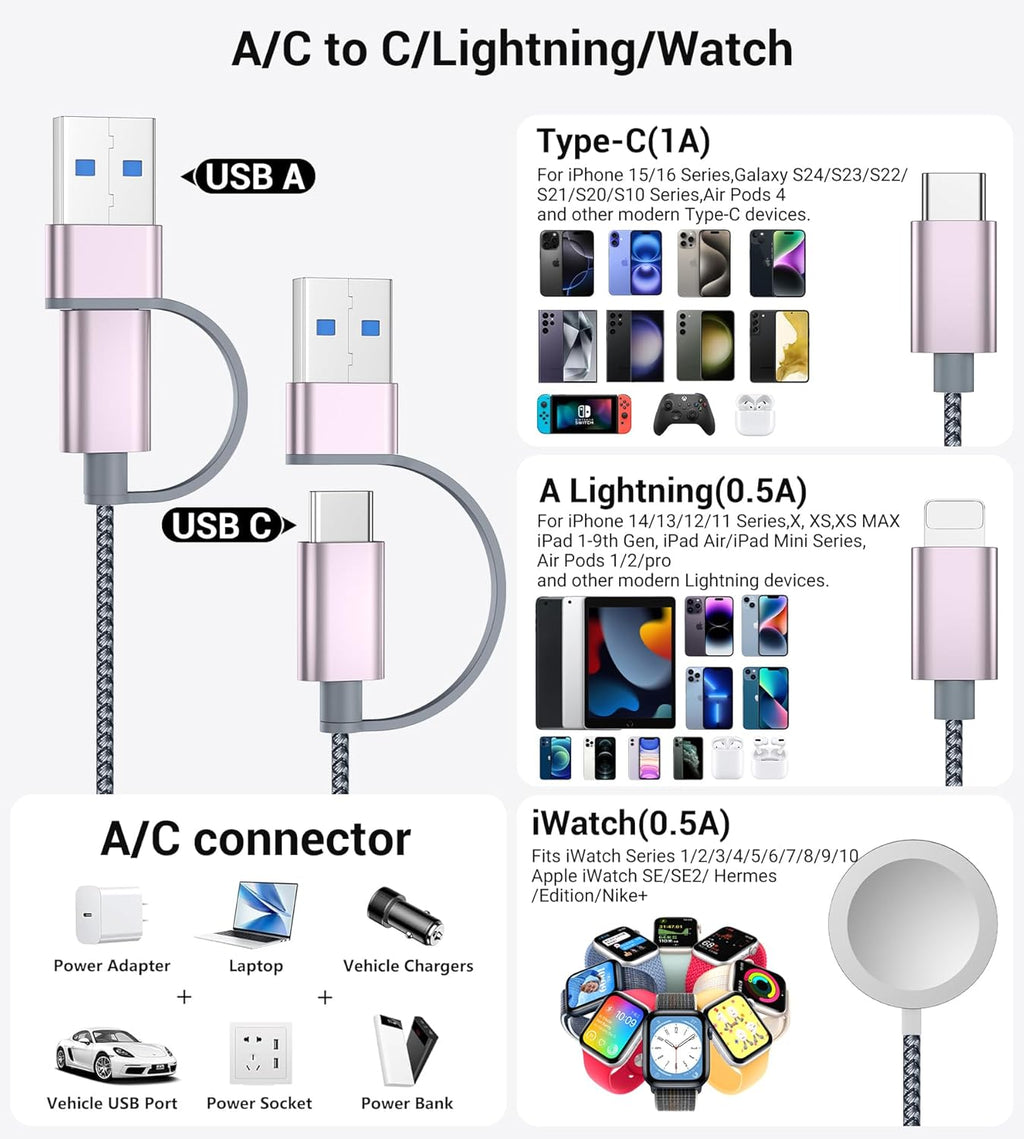 Temdan for Travel Vacation Essentials,3 in 2 USB C Cable for Apple Watch Charger/iPhone 16 Charger/Lightning,Multi Charging Cable Cord,Camping Essentials,Portable Designed for iWatch &iPhone 16-12-5FT