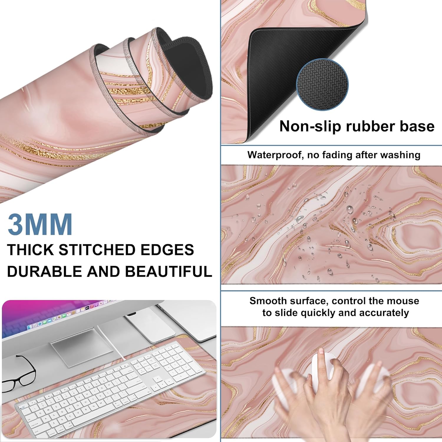Liquid Marble Gaming Mouse Pad 3mm Thick Stitched Edge Waterproof Non-Slip Large Computer Keyboard Mouse Mat,Suitable for Office Entertainment Decorative Desk Pad 35.4 x 15.7 Inches