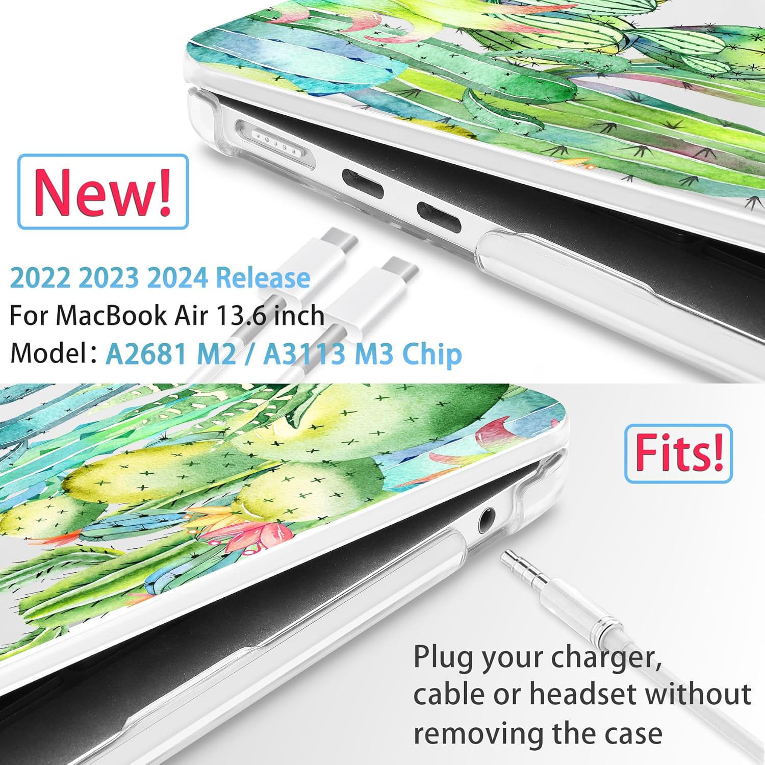 Mektron for 2025 M4 MacBook Air 13.6 Inch A3240 Case Fits 2023 A2681 M2 2024 A3113 M3 Chip with Liquid Retina Display, Printed Plastic Hard Shell Cover for MacBook Air 13.6", Watercolor Cactus