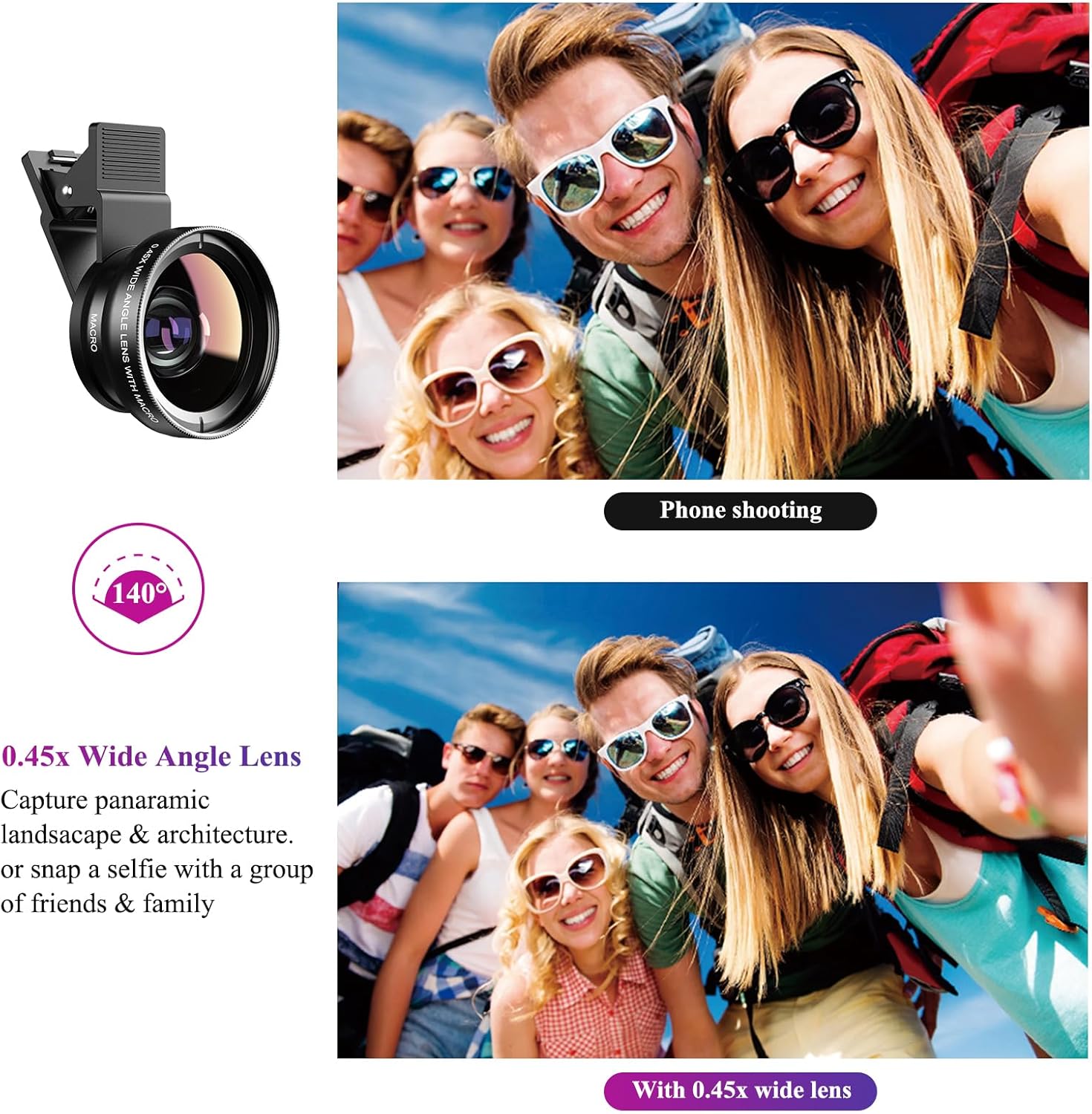 Apexel Phone Camera Lens, 2 in 1 Cell Phone Clip-on Lens Kit 0.45X Wide Angle Lens 140°+ 12.5X Macro Lens Clip-on iPhone Lens for iPhone Samsung and Most of Android Smartphone