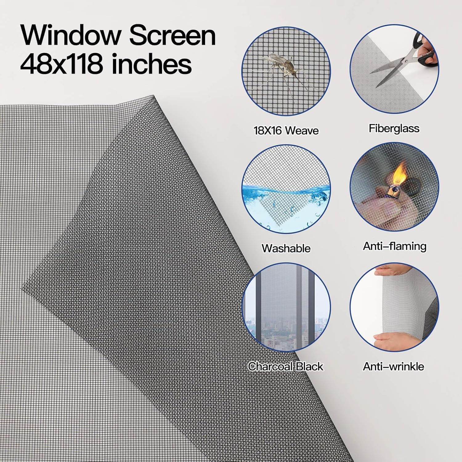 Window Screen Door Repair Kit Include Window Screens Mesh 48"x114" with All Tools in Window Screen Replacement(Screen Rollers, Splines, Hook), Yolovit