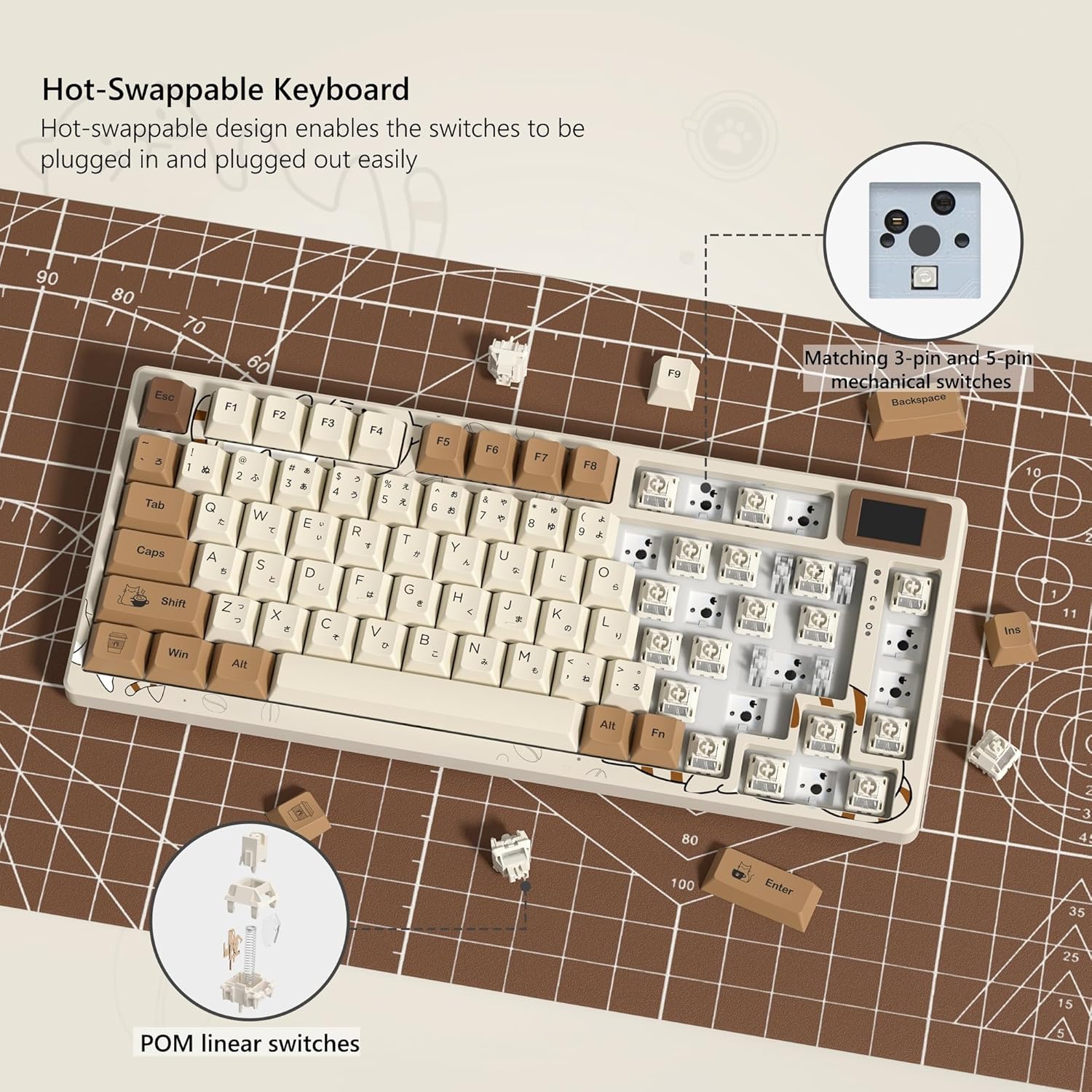 Womier SK80 Retro 75% Keyboard with Color Multimedia Display Mechanical Gaming Keyboard, Hot Swappable Gasket Mount RGB Custom Key Board, Pre-lubed Stabilizer for Mac/Win,Coffee Cat