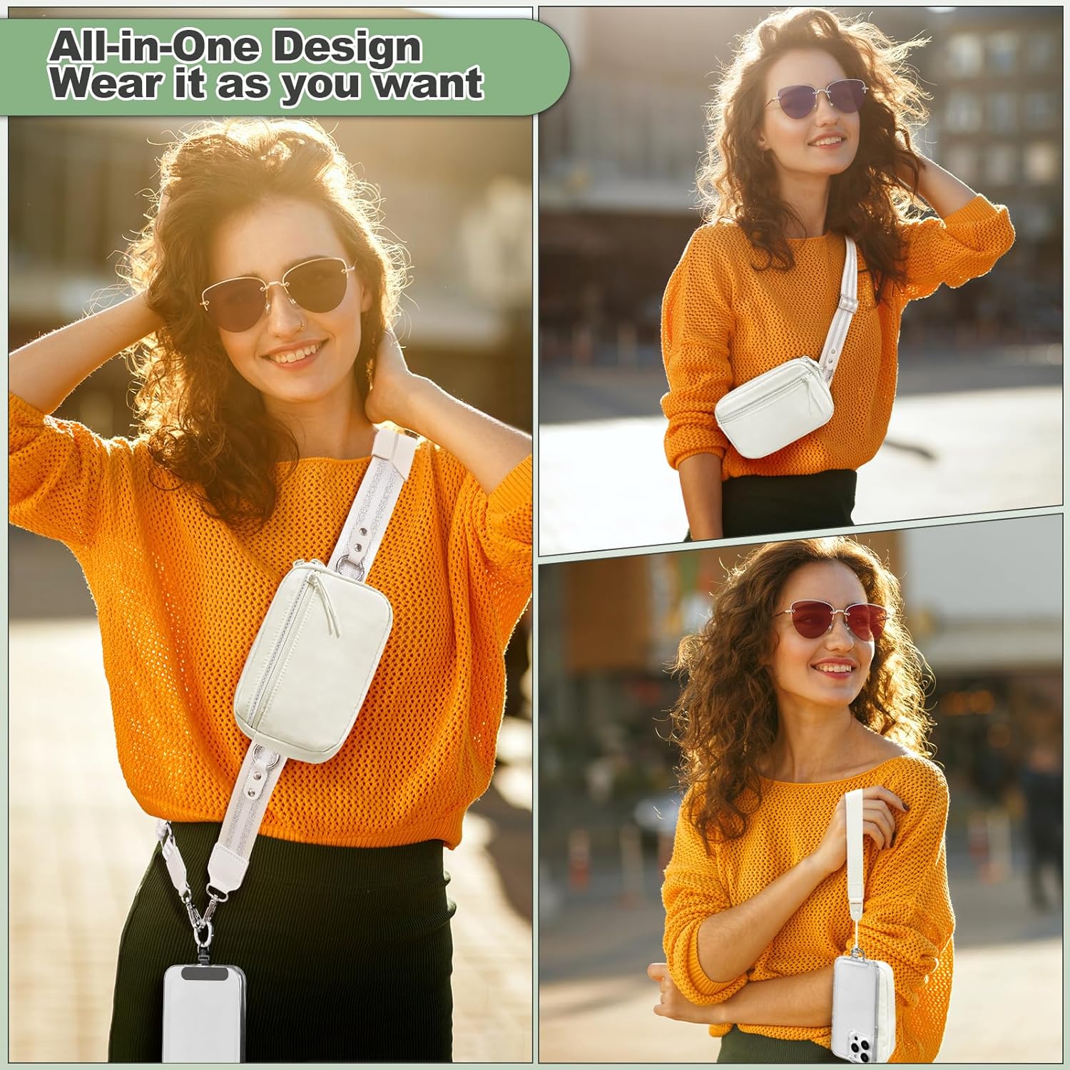 Clip and Go Strap for Phone with Wallet Crossbody, Adjustable Phone Lanyard with Detachable RFID Wristlet Wallet, Pattern Strap, Cream&Silver (M)