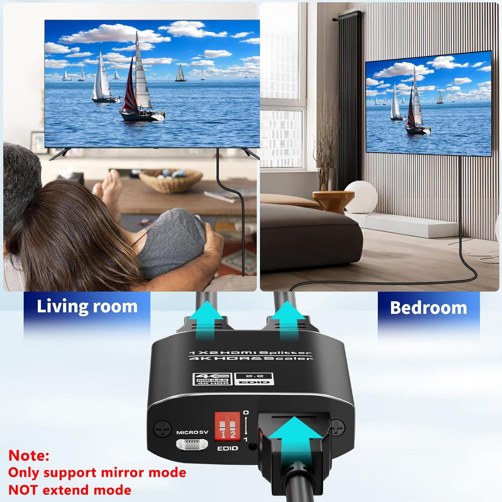 1x2 HDMI Splitter, HDR 4K@60Hz HDMI spliter 1 in 2 Out, Supports HDMI 2.0, HDCP 2.2, Mirror Screen Monitors Supports EDID Control for Xbox PS3/4/5 PC DVD Fire Stick Blu-Ray Player TV