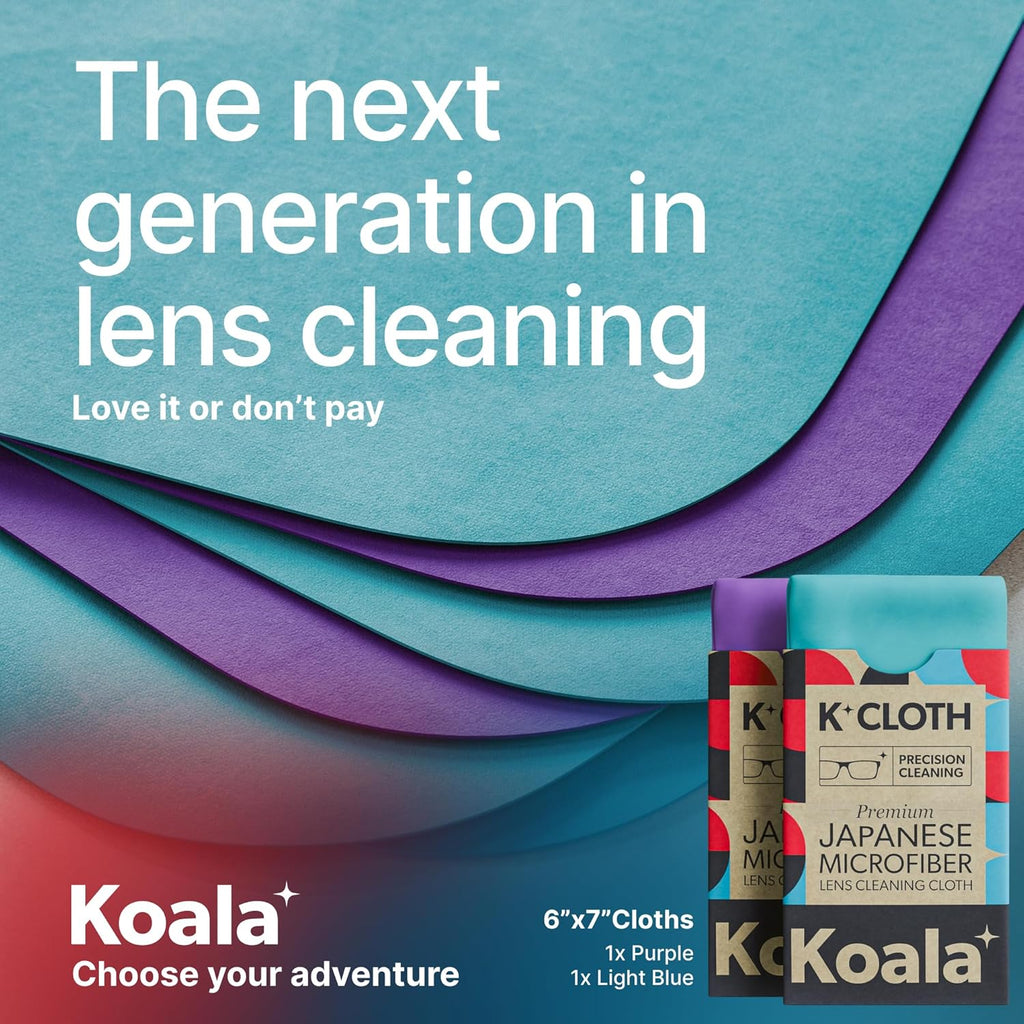 Koala Lens Cleaning Cloth | Japanese Microfiber | Glasses Cleaning Cloths | Eyeglass Lens Cleaner | Eyeglasses, Camera, VR/AR Headset, and Screen Cleaner | Blue & Purple (Pack of 2)