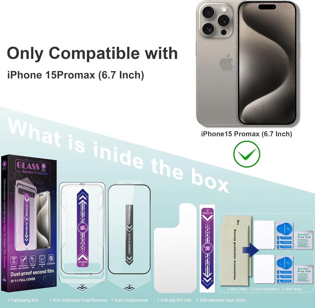 2 Pack Screen Protector Tempered Glass for iPhone 15 Pro Max 6.7-Inch Auto Dust Removal, No Bubbles, High Definition Clear, Easy Installation