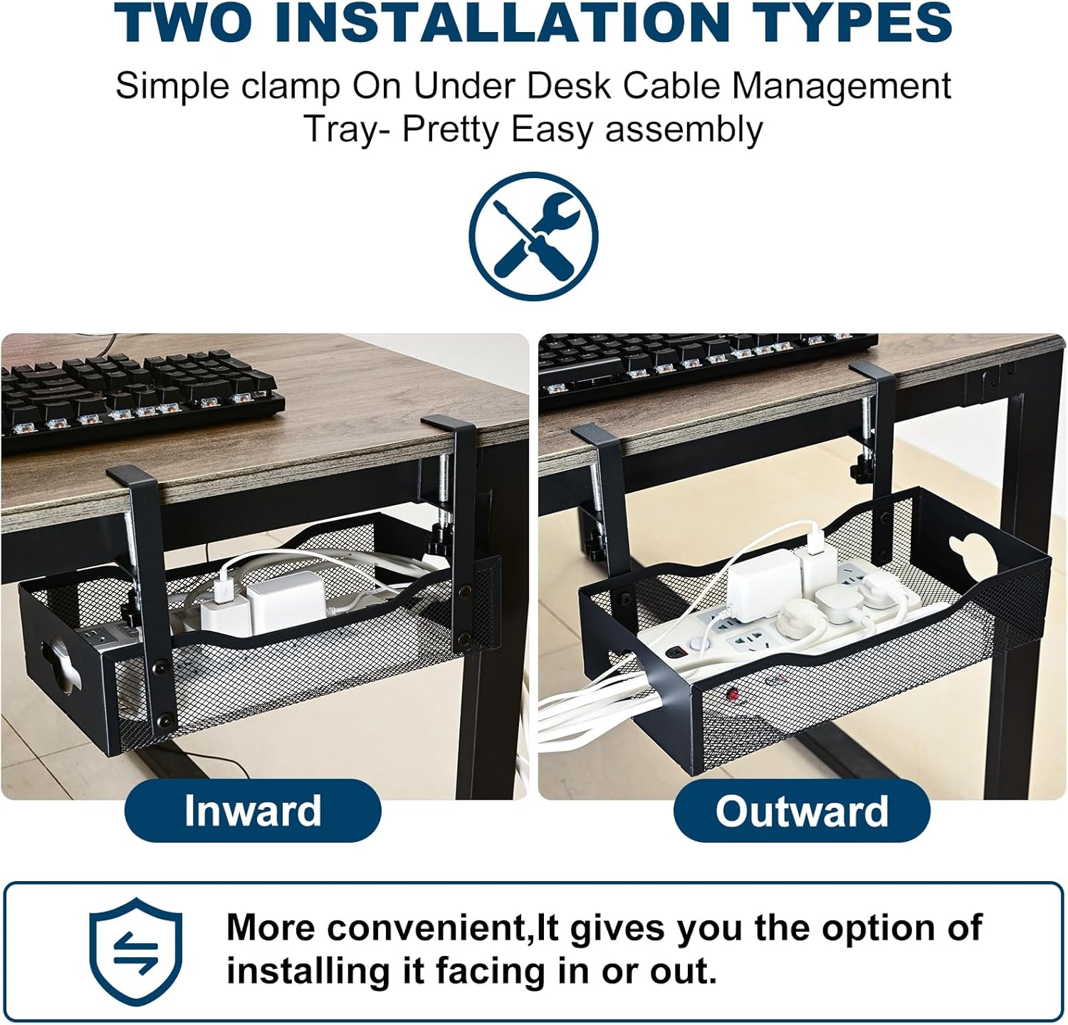 Large Under Desk Cable Management Tray - Heavy Duty Metal Cord Organizer with No Drill Installation for Office & Home Office Desks to Hide Wires & Power Strips (Black, XL)