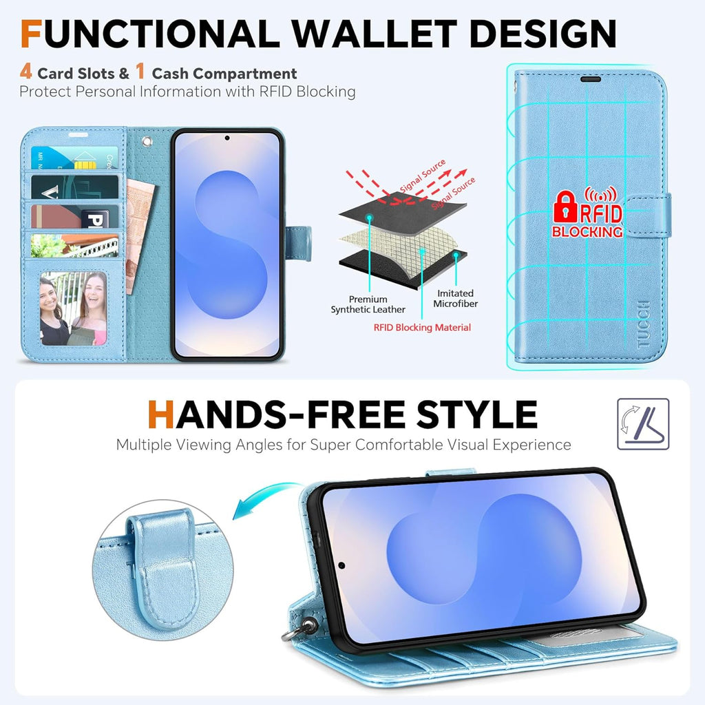 TUCCH Case Wallet for Galaxy S25 Edge, Removable [Wireless Charging] Wrist Strap PU Leather Magnetic Stand RFID Blocking 4 Card Slot Detachable Protective Folio for Galaxy S25 Edge, Pearly Light Blue