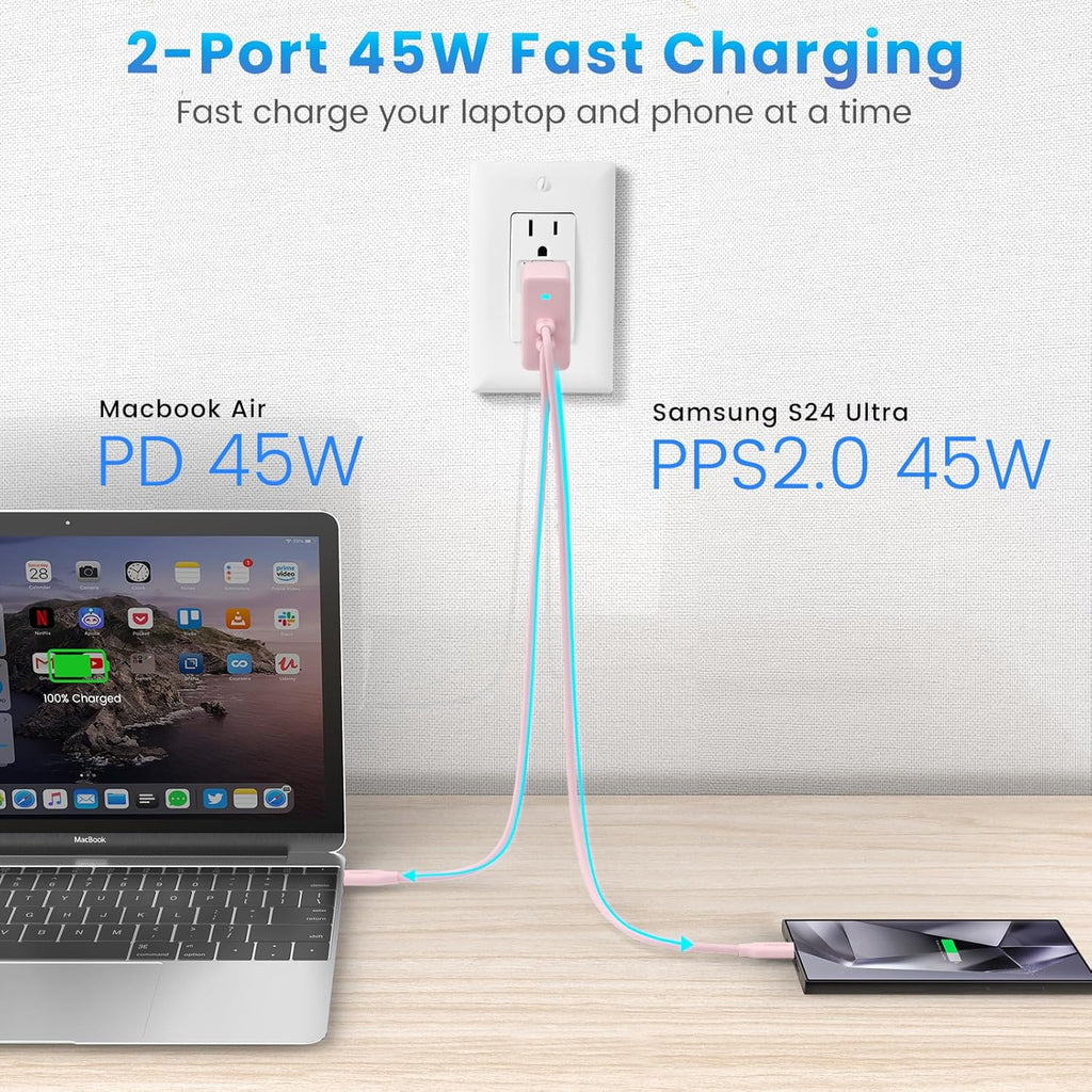 2Port 45W Super Fast Charger Type C, 2Pack 45W USB-C Charger Fast Charging for Samsung Galaxy S24 Ultra/S24+/S24/S23 Ultra/S23+/S22/S20/Note10+ with 2X 6.6ft Type C Cord (Pink)