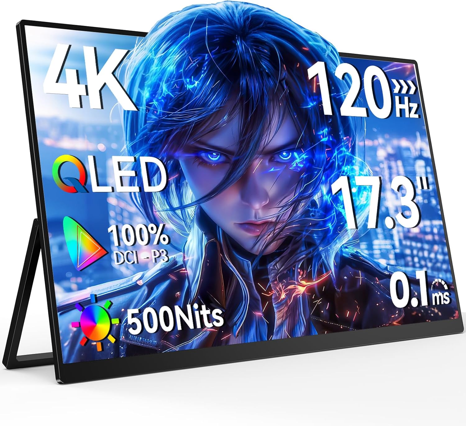 Newsoul Portable Monitor 4K, 120Hz Gaming Monitors 3840 * 2160 UHD, 100% DCI-P3, 1500:1 Contrast, FreeSync 0.1ms, Built-in Stand & Speaker, USB-C HDMI Portable Screen for Laptop, Phone, Game Console