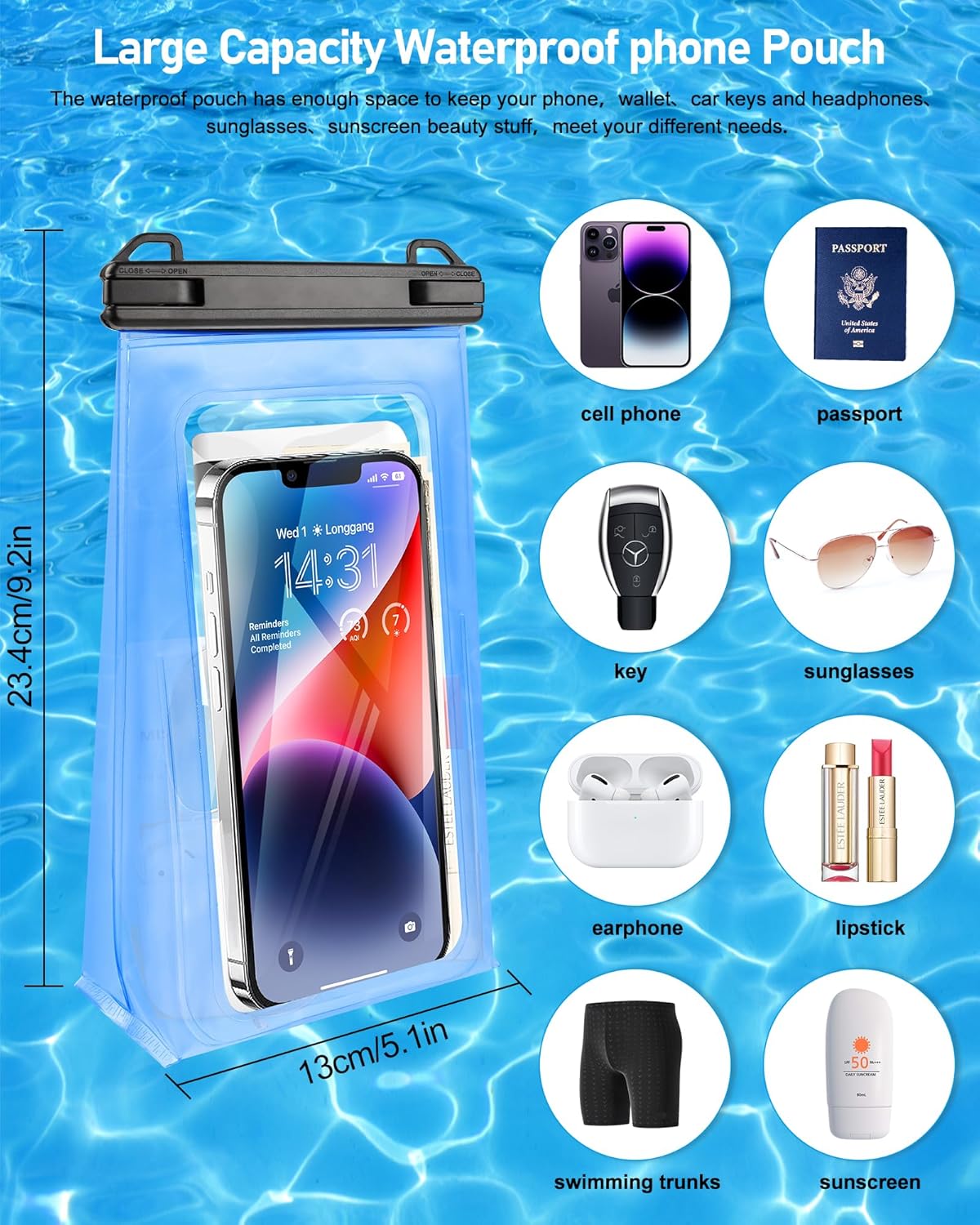 Large Waterproof Phone Pouch Universal Phone Waterproof Case for iPhone 15 14 13 12 11 Pro Max Galaxy S22 S21 IPX8 Water Proof Dry Bag with Wide Lanyard Waterproof Pouch for Swimming Rafting