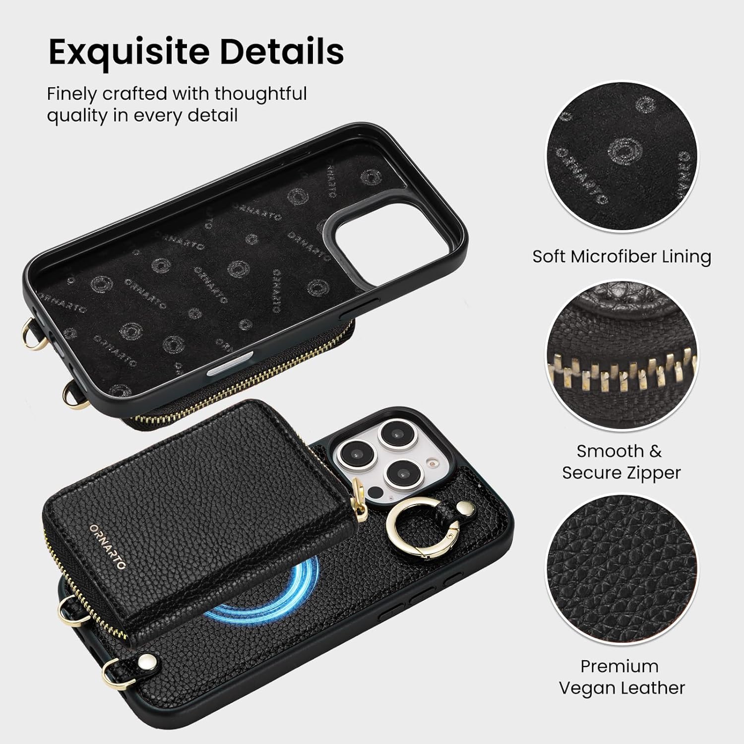 ORNARTO Magnetic Detachable Wallet Case for iPhone 16 Pro, [Compatible with MagSafe], Crossbody Wallet Case with Card Holder Wrist Strap, RFID Blocking PU Leather Wallet Phone Cover 6.3", Black