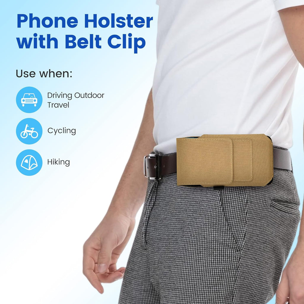 BECPLT for iPhone 17 Pro Max Air 16/15/14/13/12/11 Pro Max Nylon Cell Phone Pouch Holster Case with Belt Clip Cover Holder for Galaxy S25+ S24+ S23+ S22+ S21+ (Khaki)
