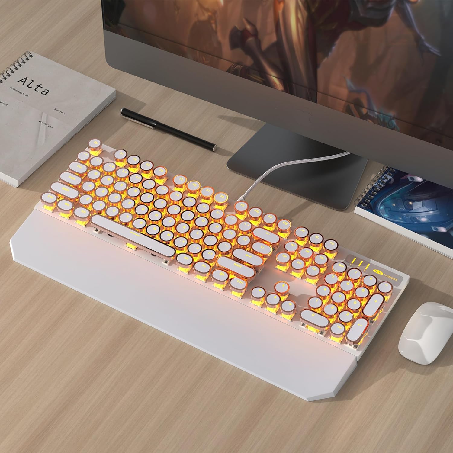 MageGee Typewriter Mechanical Gaming Keyboard, Retro Gold Punk Round Keycaps LED Backlit Wired Keyboards for Laptop MAC PC Gamer, with Magnetic Wrist Rest - Blue Switch