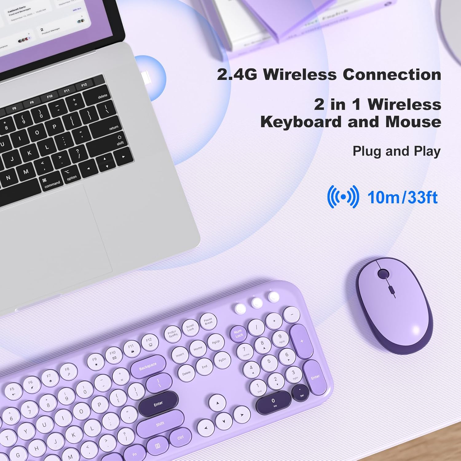 KNOWSQT Wireless Keyboard and Mouse Combo - Lovely Violet Rainbow Full-Sized Typewriter Colorful Keyboards, Round Keycap USB Plug Play Retro Cute Keyboards for Windows, Laptop, PC, Desktop, Computer