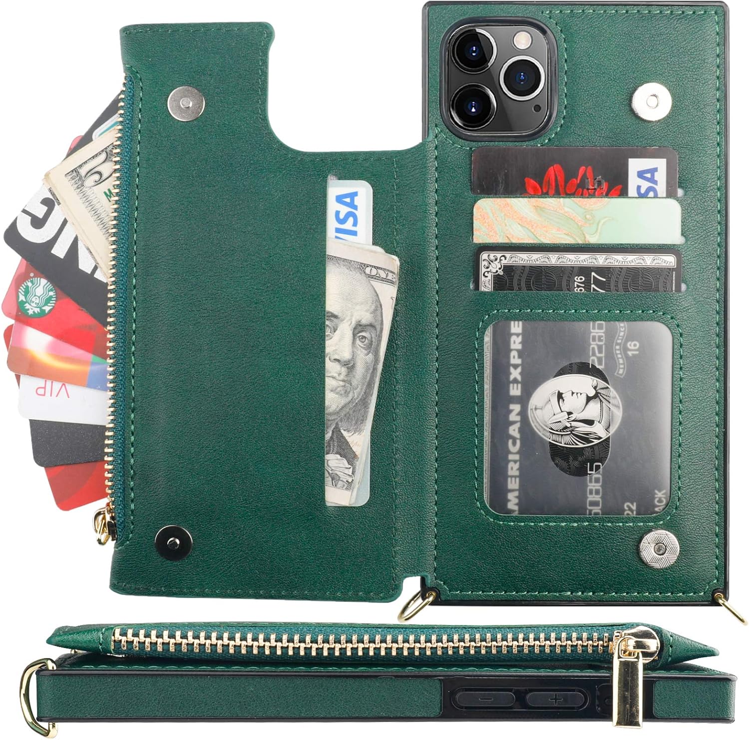 Bocasal Crossbody Wallet Case for iPhone 11 Pro Max with Card Holder,Zipper Card Slot Protector Shockproof Purse Cover with Removable Cross Body Strap 6.5 Inch(Green)