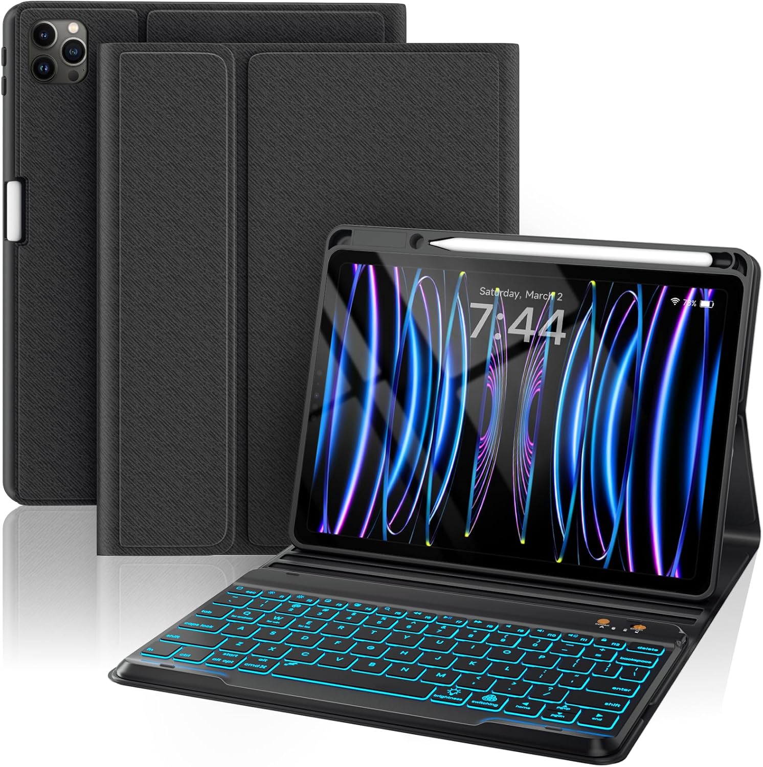 OYEEICE Keyboard Case for iPad Pro 12.9 inch (6th, 5th, 4th Gen) & New Air 13 inch M2, 7 Color Backlit Detachable Wireless Keyboard, Auto Sleep/Wake Cover with Pencil Holder (2022 2021 2020) - Black