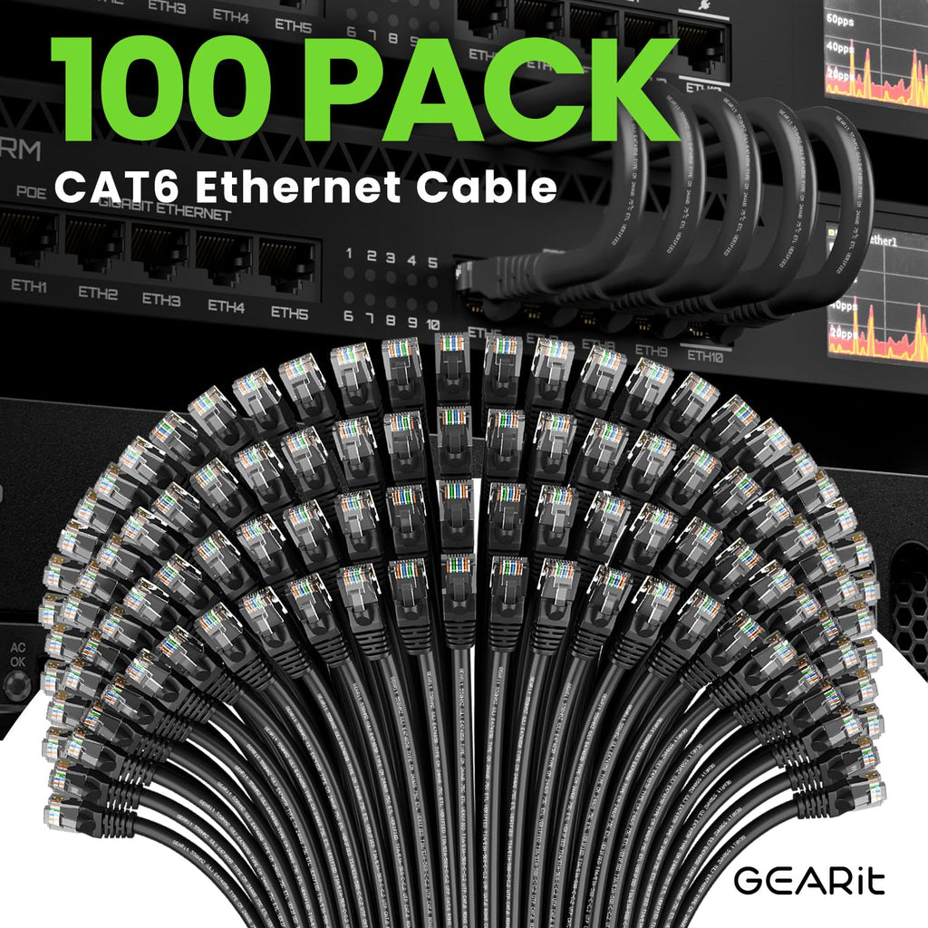 GEARit Cat 6 Ethernet Cable Pack - 100-Pack 1.5 ft Cat6 Ethernet Patch Cables | RJ45 Network Patch Cable, 10 Gbps Snagless Gold-Plated Connectors - Ethernet Cable Cat 6 for PC, TV, Router - Black