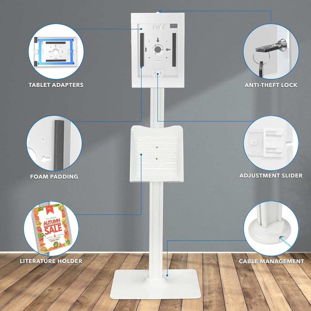 Mount-It! Anti-Theft Floor Stand Compatible with iPad, Contact-Less Kiosk with Universal Enclosure for iPads, Adjustable Locking Secure Tablet Mount for iPad Gen 7 to 10, Pro, Air, White